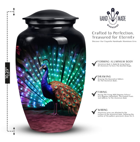 Classic Peacock Cremation Urn, crafted from aluminium.