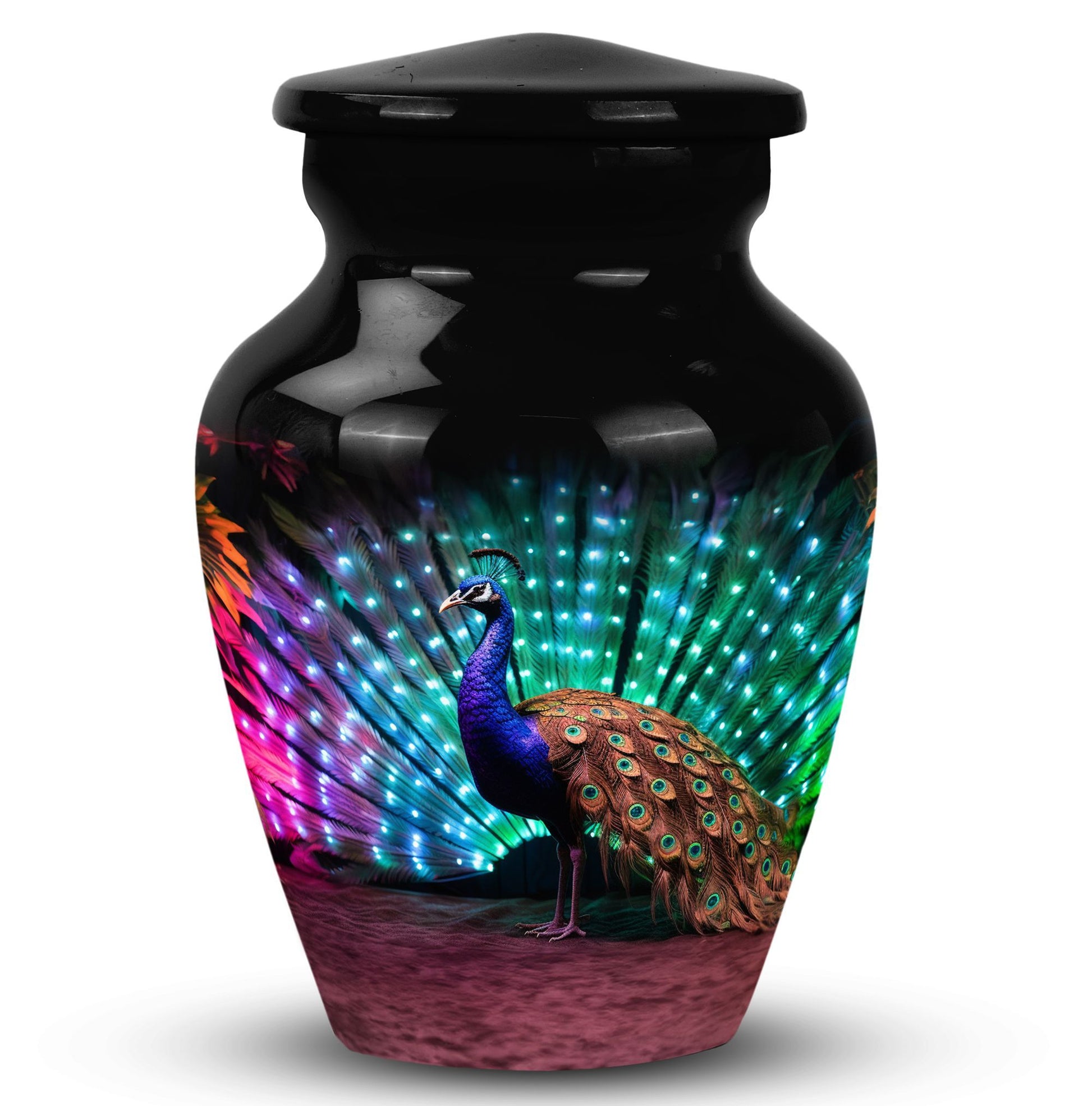 Classic Peacock Cremation Urn, crafted from aluminium.