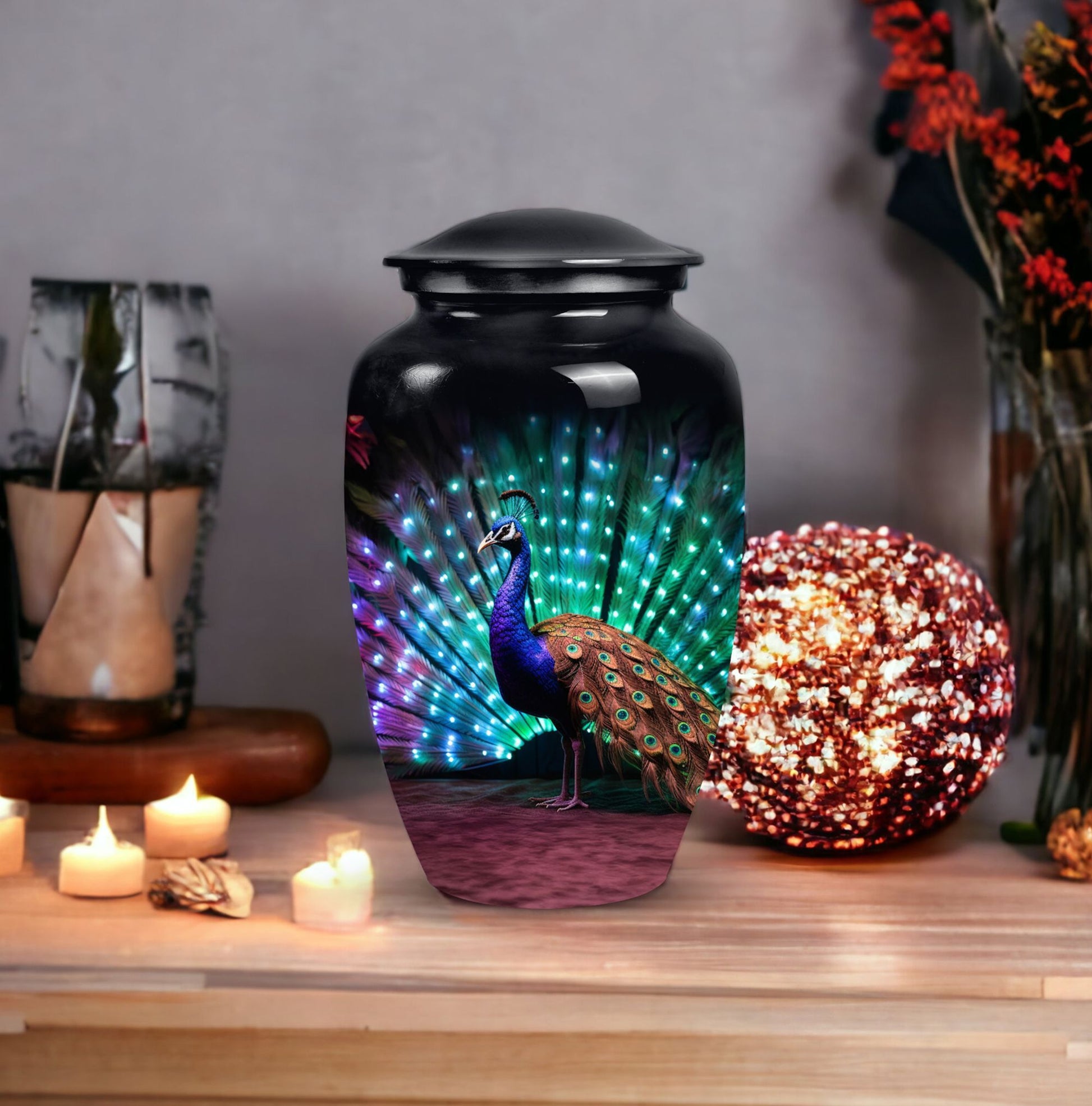 Classic Peacock Cremation Urn, crafted from aluminium.