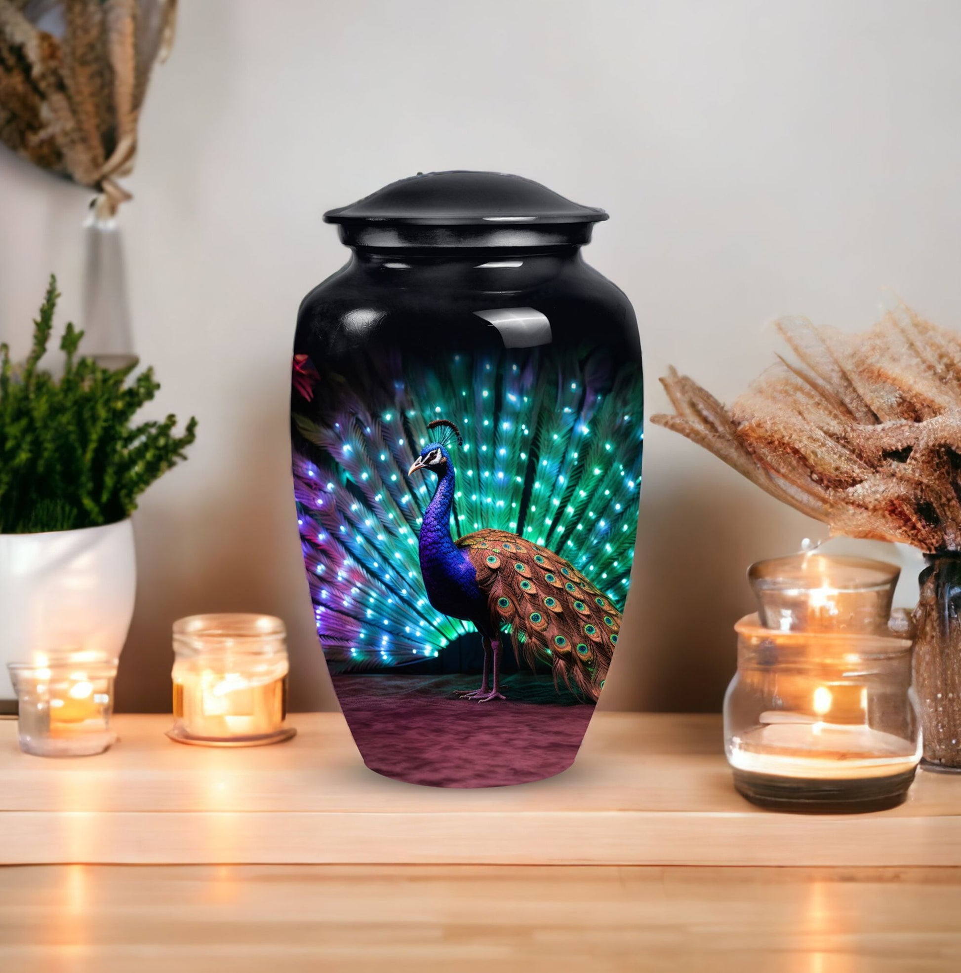 Classic Peacock Cremation Urn, crafted from aluminium.