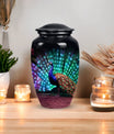 Classic Peacock Cremation Urn, crafted from aluminium.