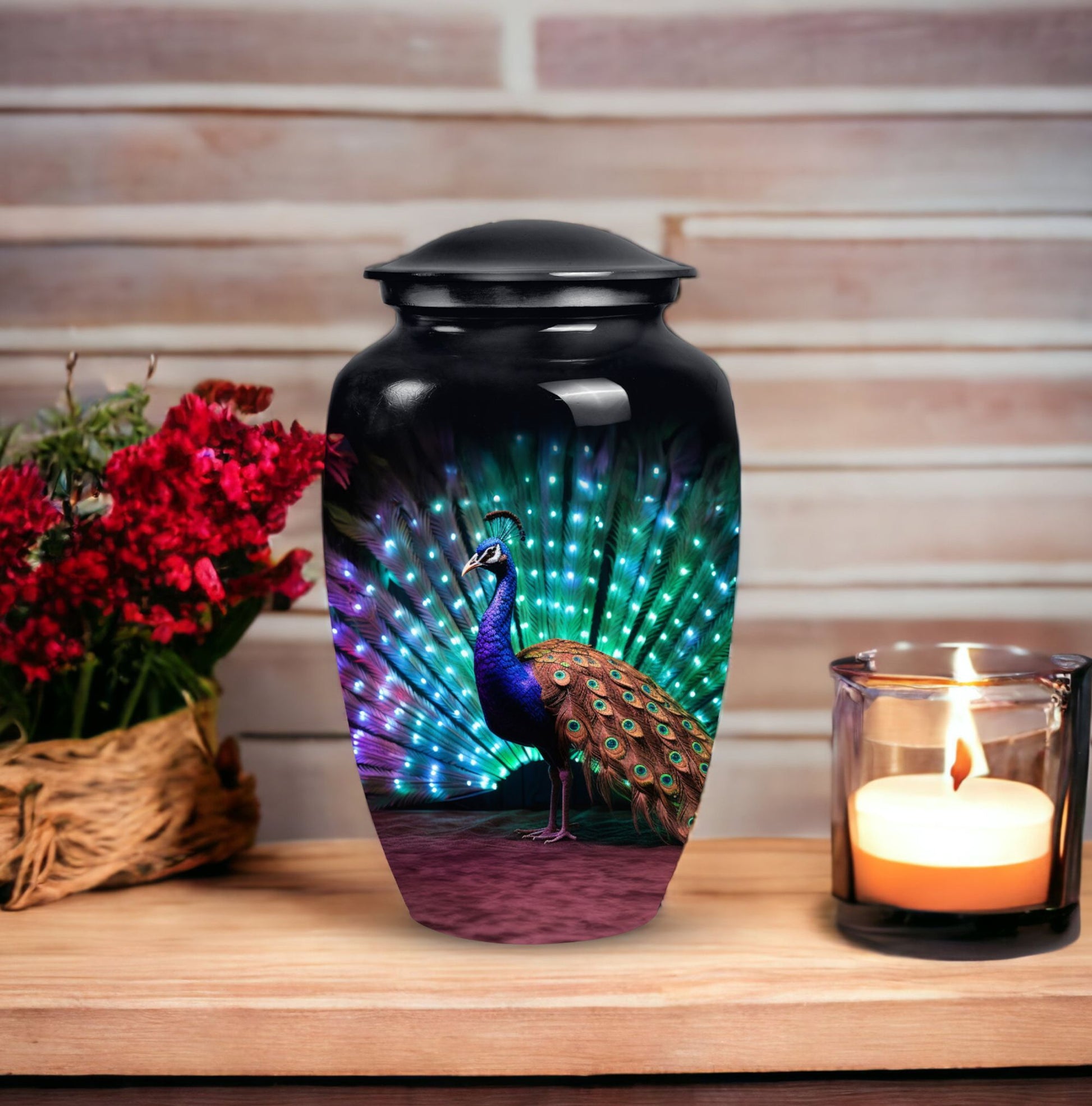 Classic Peacock Cremation Urn, crafted from aluminium.