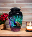 Classic Peacock Cremation Urn, crafted from aluminium.