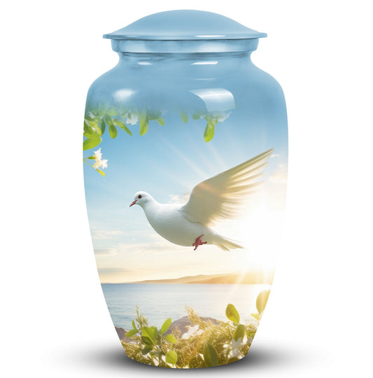 Large Dove urn for ashes, classic design, aluminium.