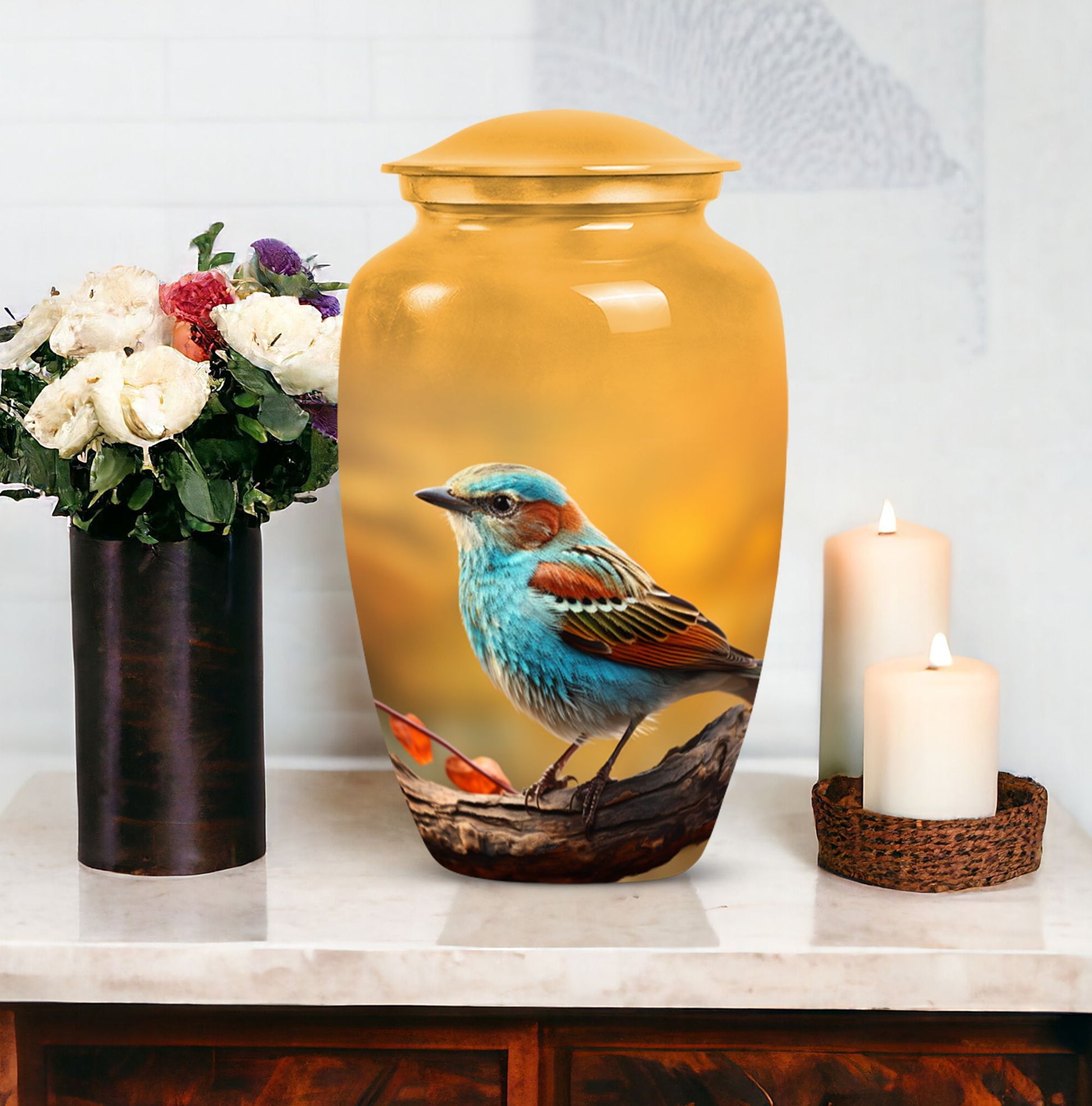 Colorful Sparrow Cremation Urn, Classic 3-inch Aluminium.