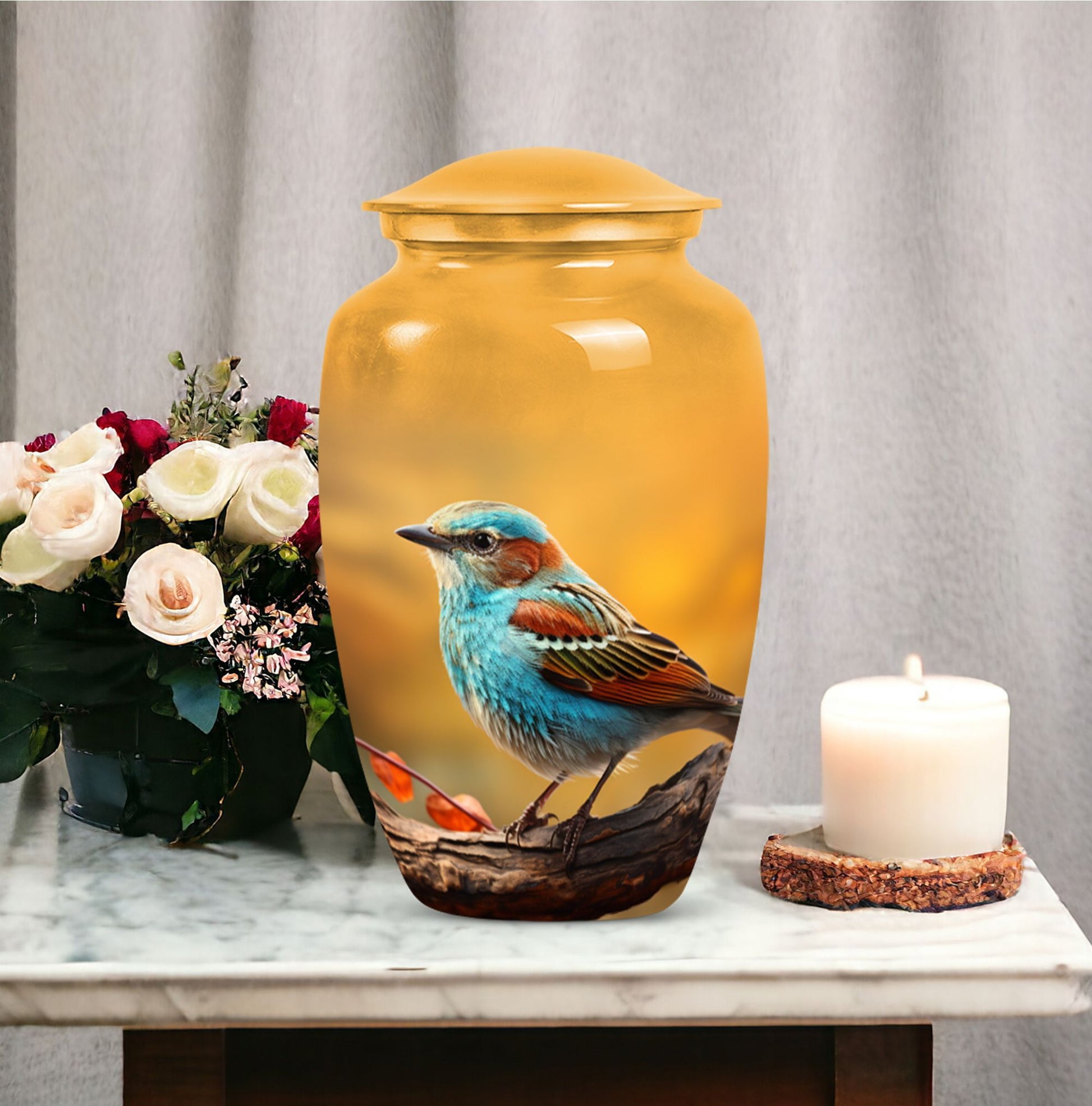 Colorful Sparrow Cremation Urn, Classic 3-inch Aluminium.