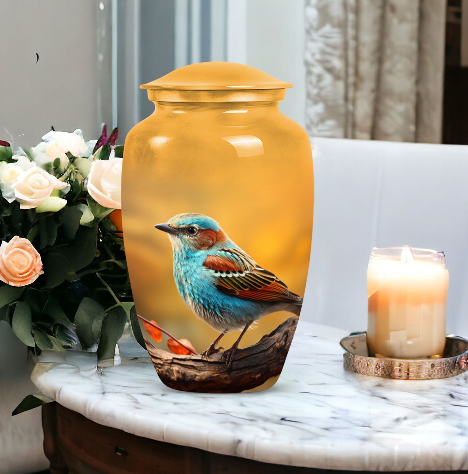 Colorful Sparrow Cremation Urn, Classic 3-inch Aluminium.