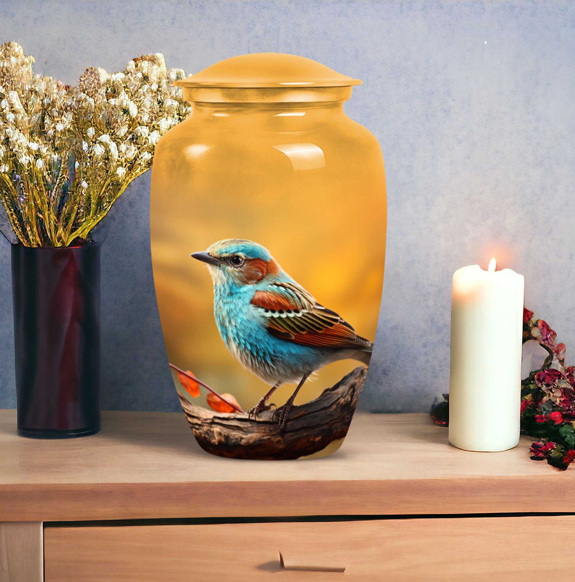 Colorful Sparrow Cremation Urn, Classic 3-inch Aluminium.