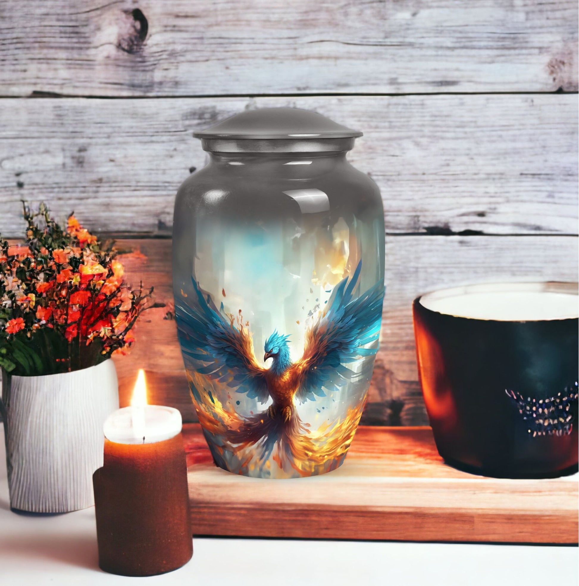 Classic blue phoenix urn for adult.