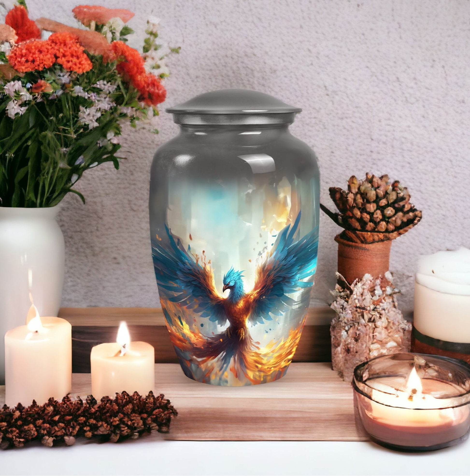 Classic blue phoenix urn for adult.