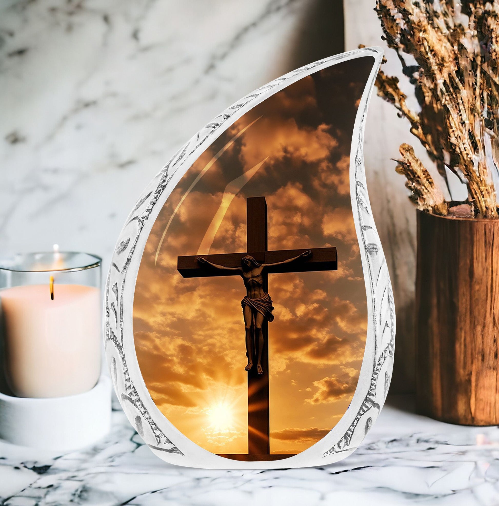 Jesus on the cross memorial urn.