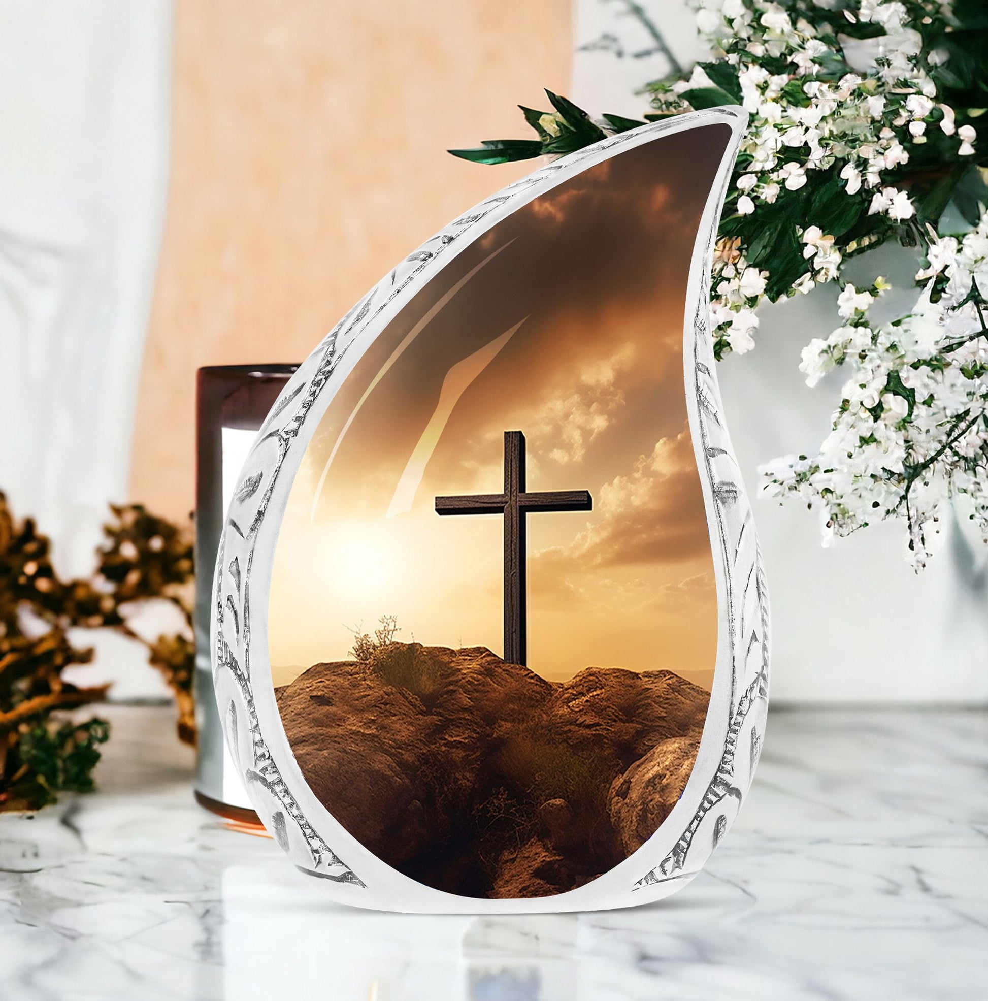 Jesus Christ Cross urn for cremation.