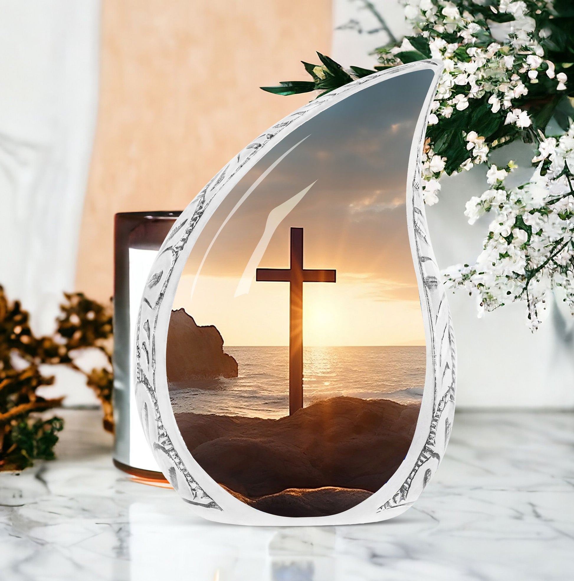 Classic 3 inch Ocean Jesus Cross Urn for Human Ashes.