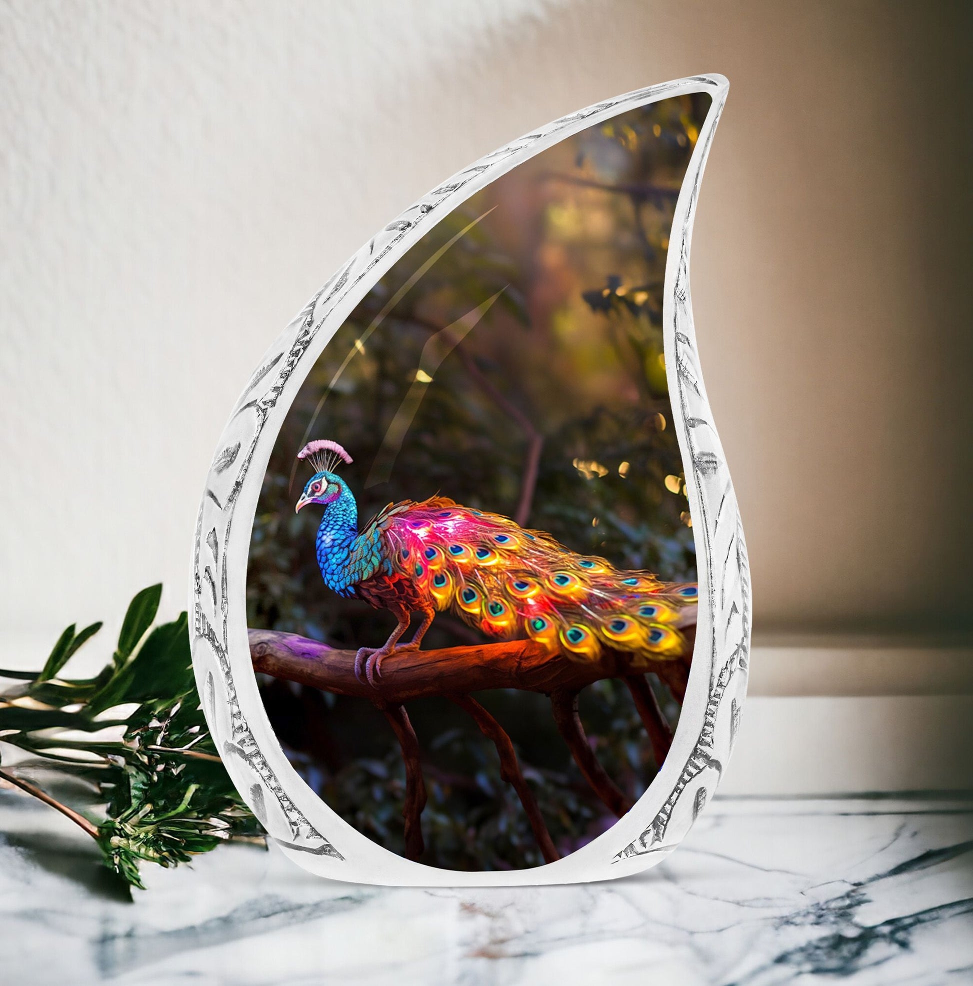 3-inch Classic Peacock Urn for ashes, includes a velvet pouch.