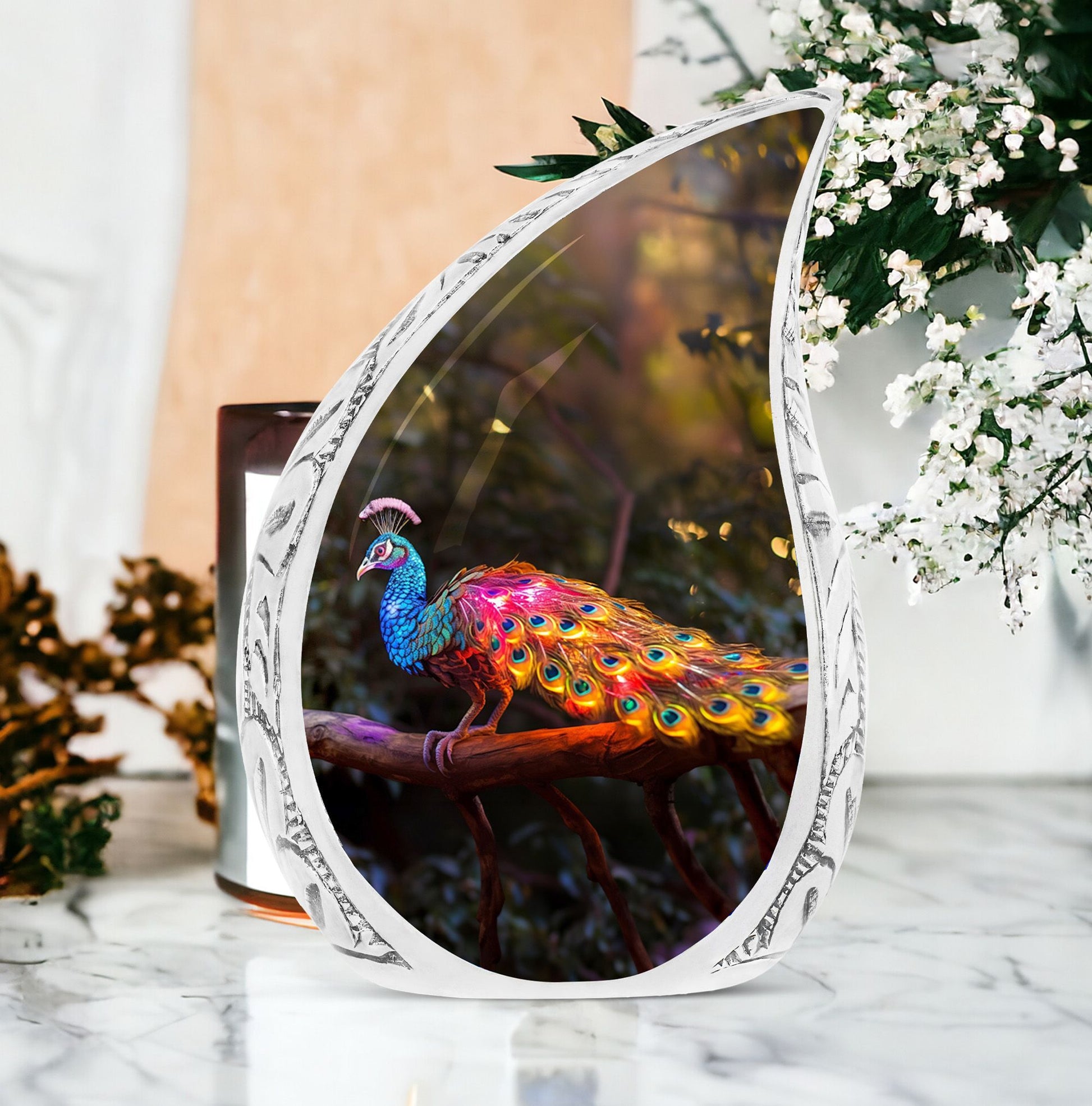 3-inch Classic Peacock Urn for ashes, includes a velvet pouch.