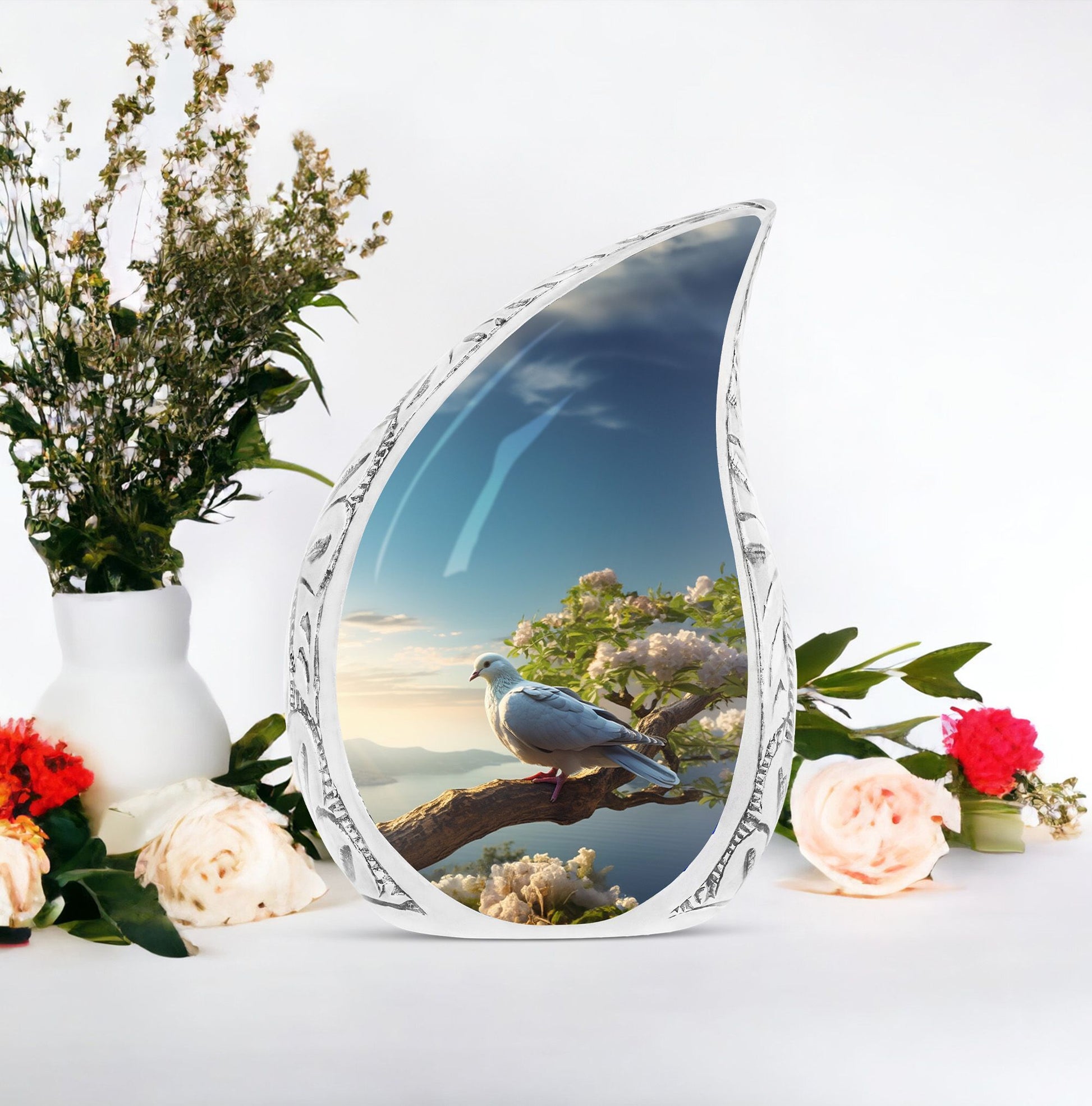 Classic Dove Urn aluminum cremation container.