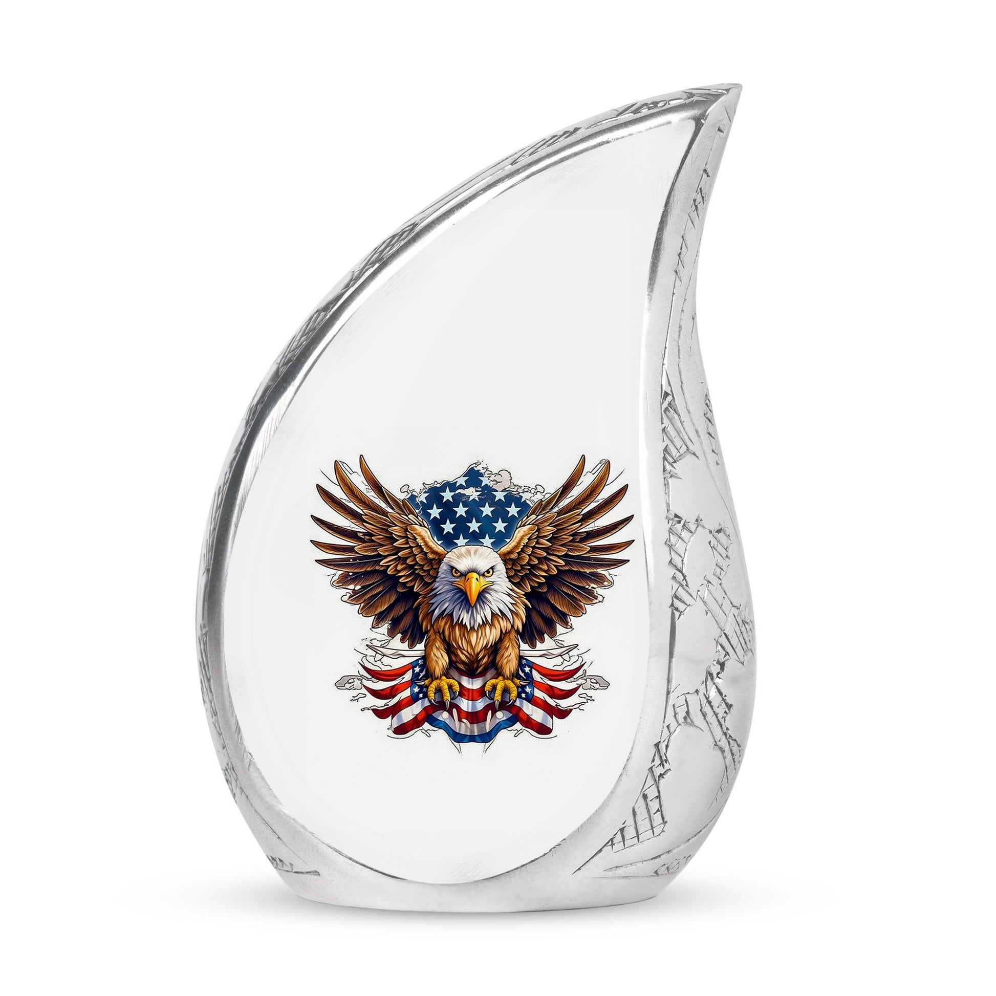 Classic large aluminium urn for ashes, featuring an eagle.