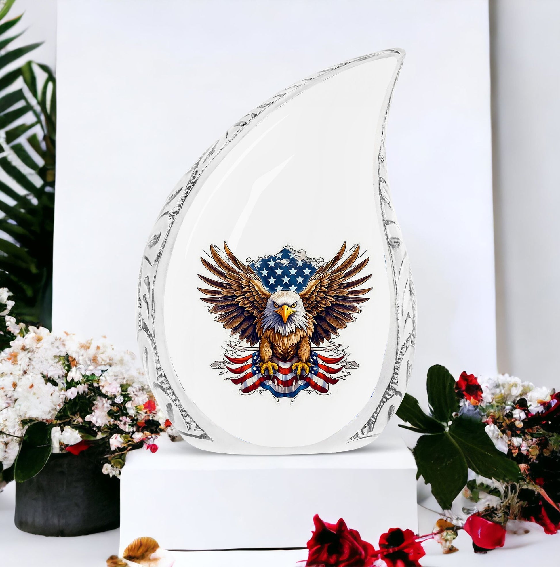 Classic large aluminium urn for ashes, featuring an eagle.