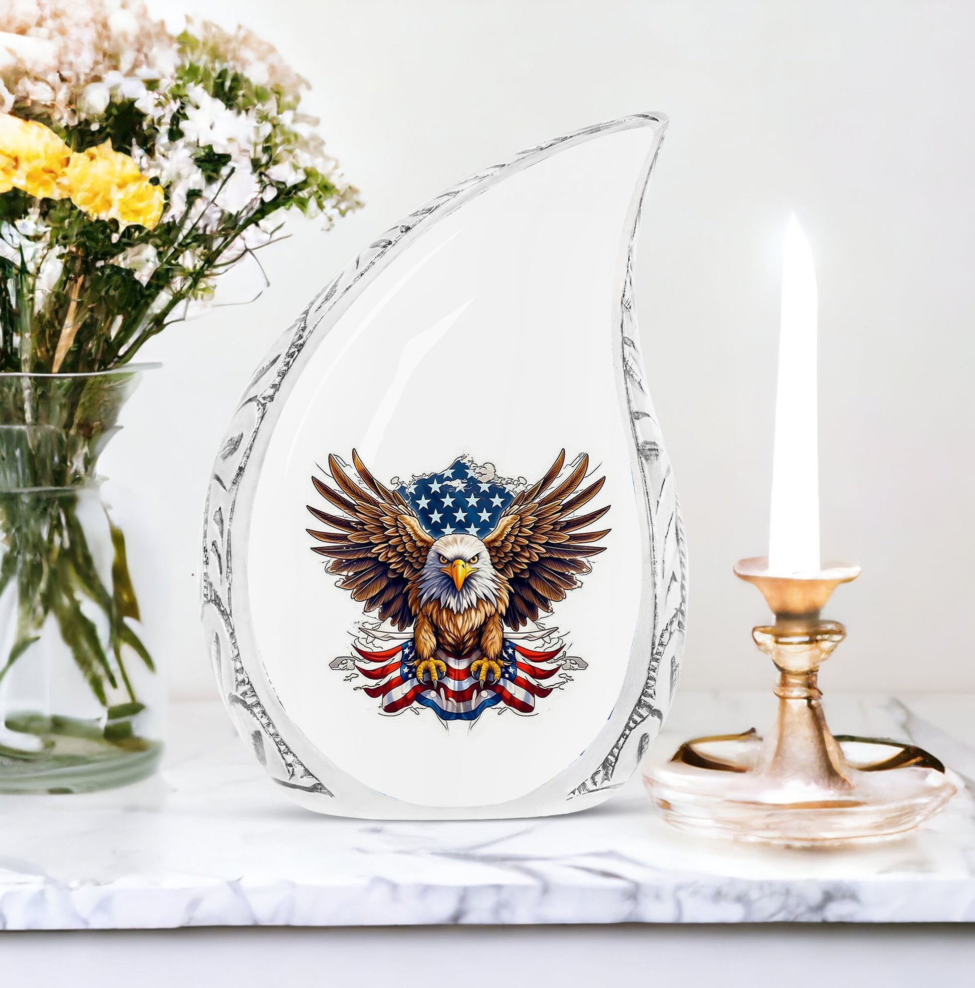 Classic large aluminium urn for ashes, featuring an eagle.