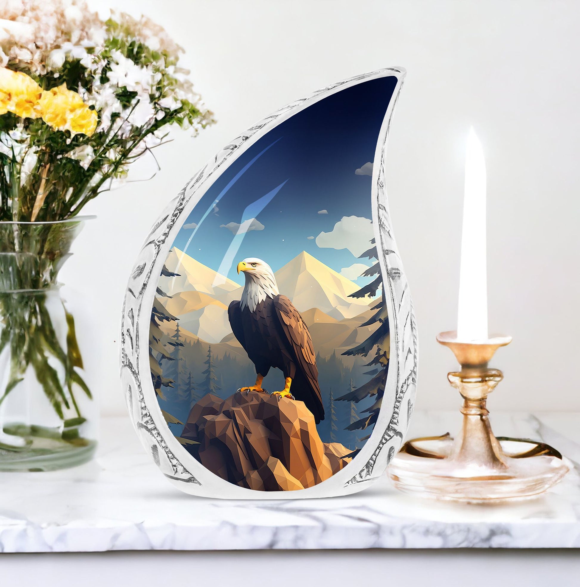 Aluminium Eagle in mountains Cremation Urn.