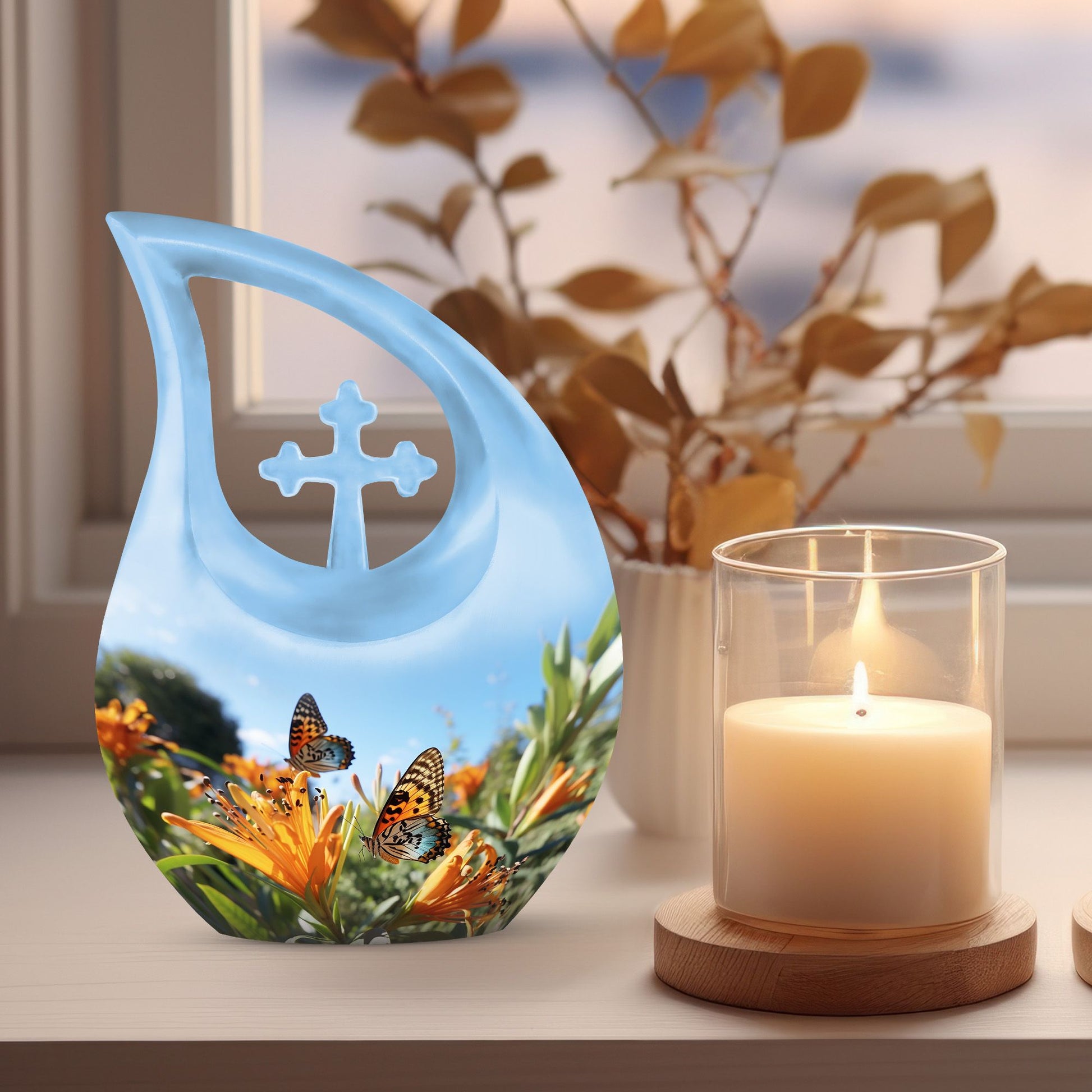 10 Inch Aluminium Butterfly Urn with Cross Drop 