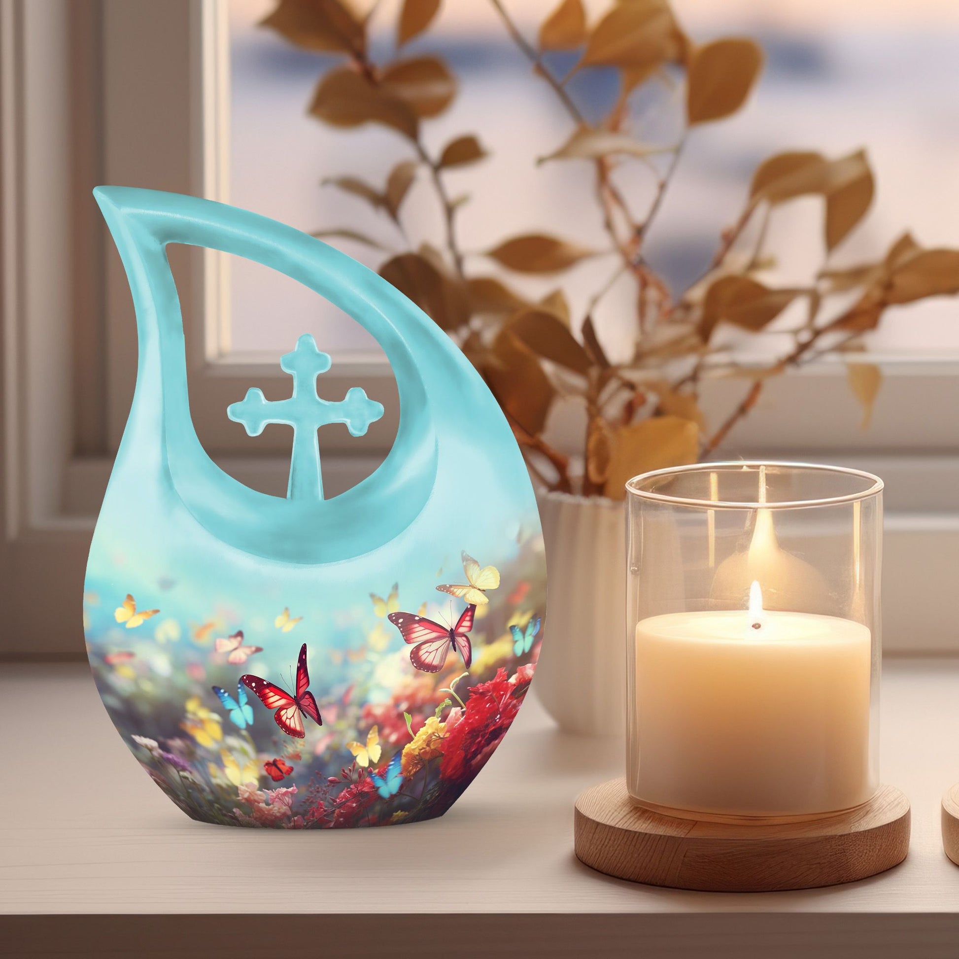 Butterfly-themed, large Cross Drop Keepsake Urn 