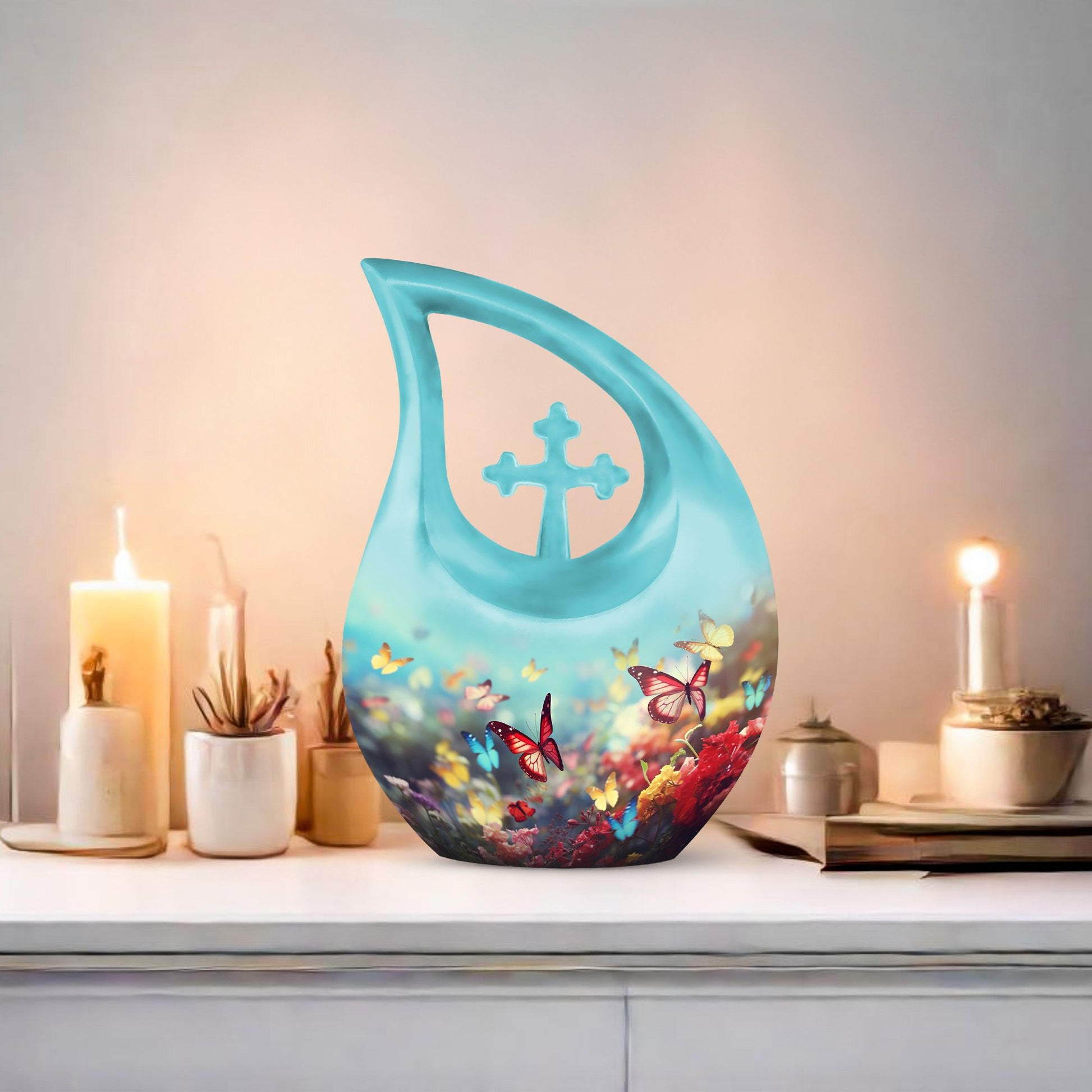 Butterfly-themed, large Cross Drop Keepsake Urn 