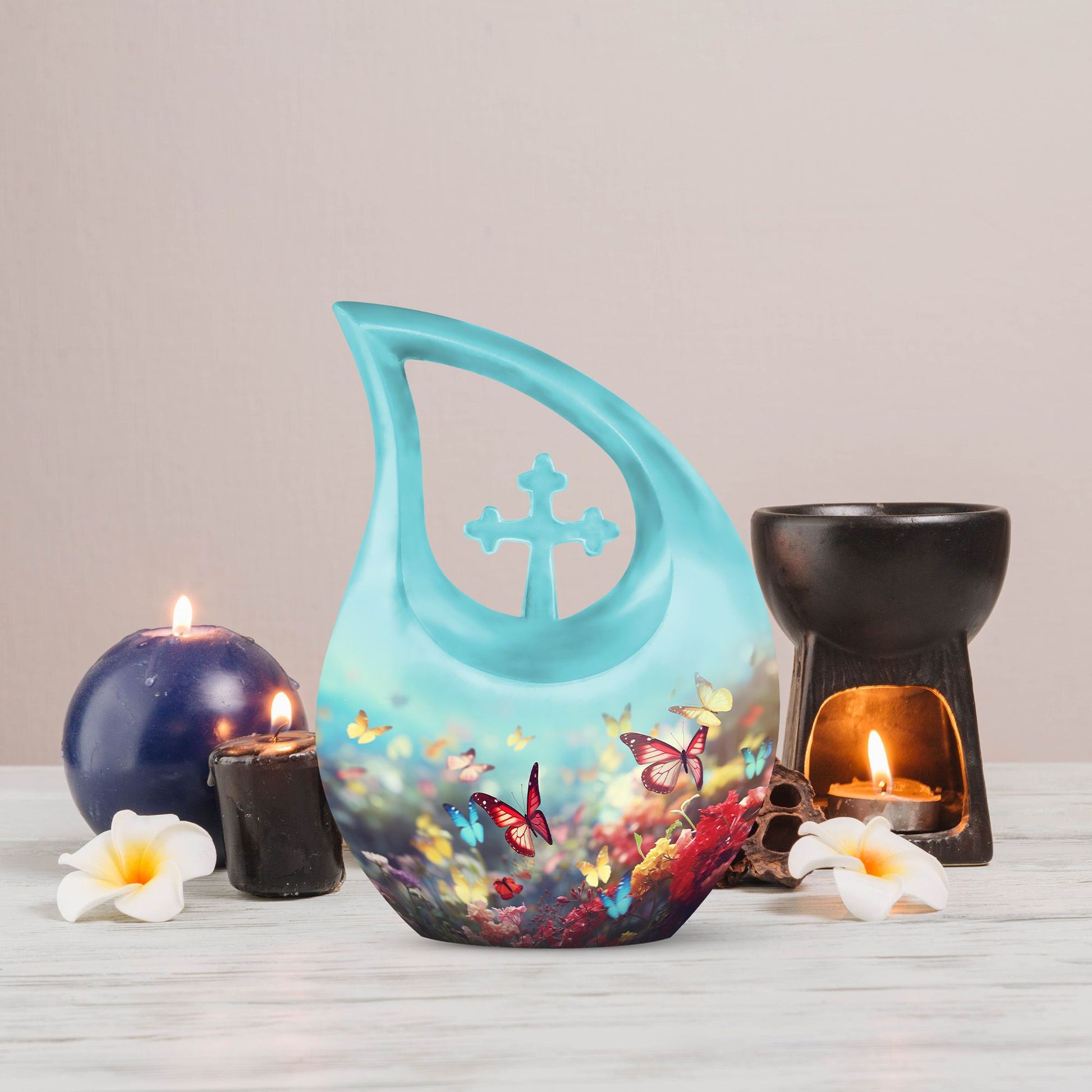 Butterfly-themed, large Cross Drop Keepsake Urn 