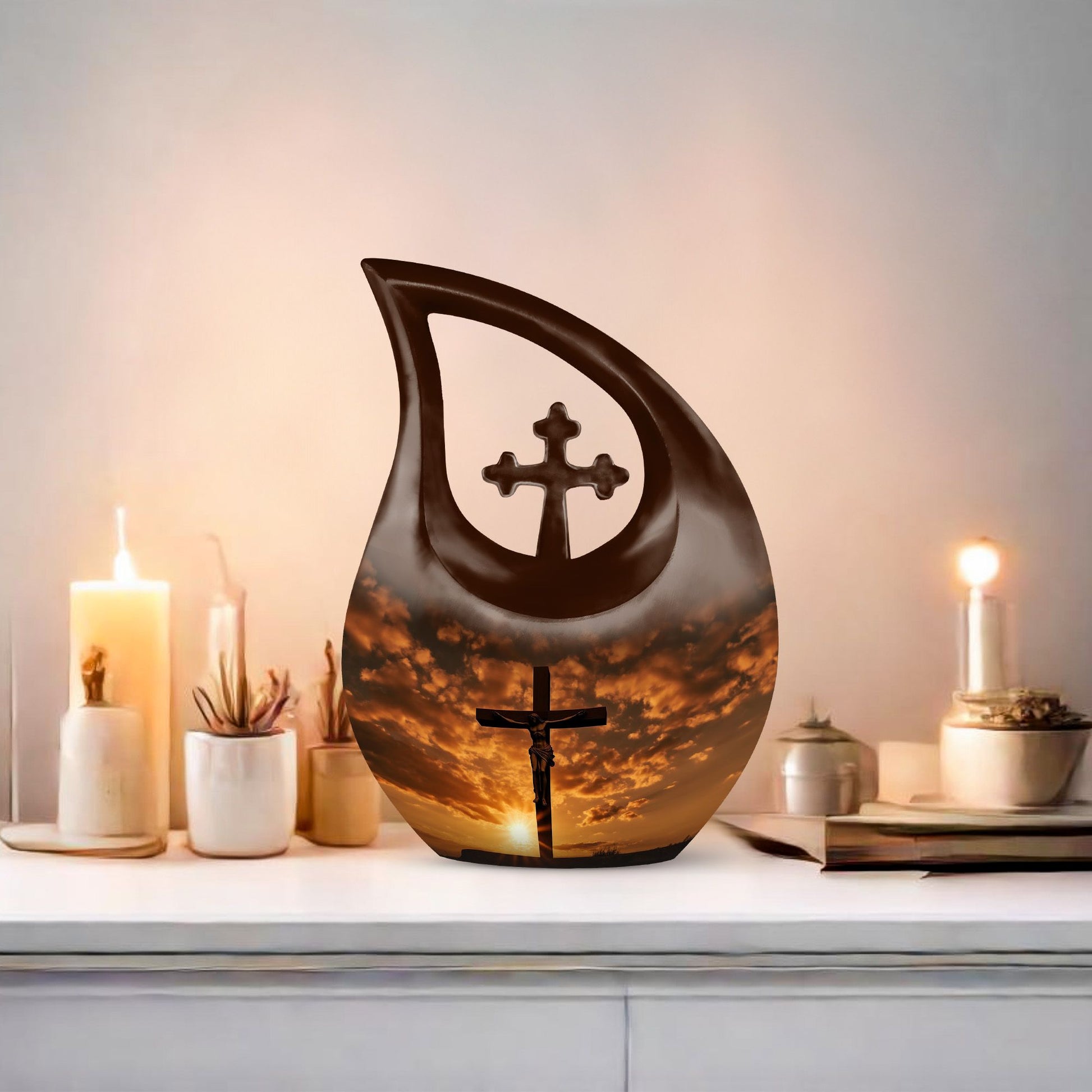 10-inch Jesus Christ Urn, Cross Drop design, Keepsake 