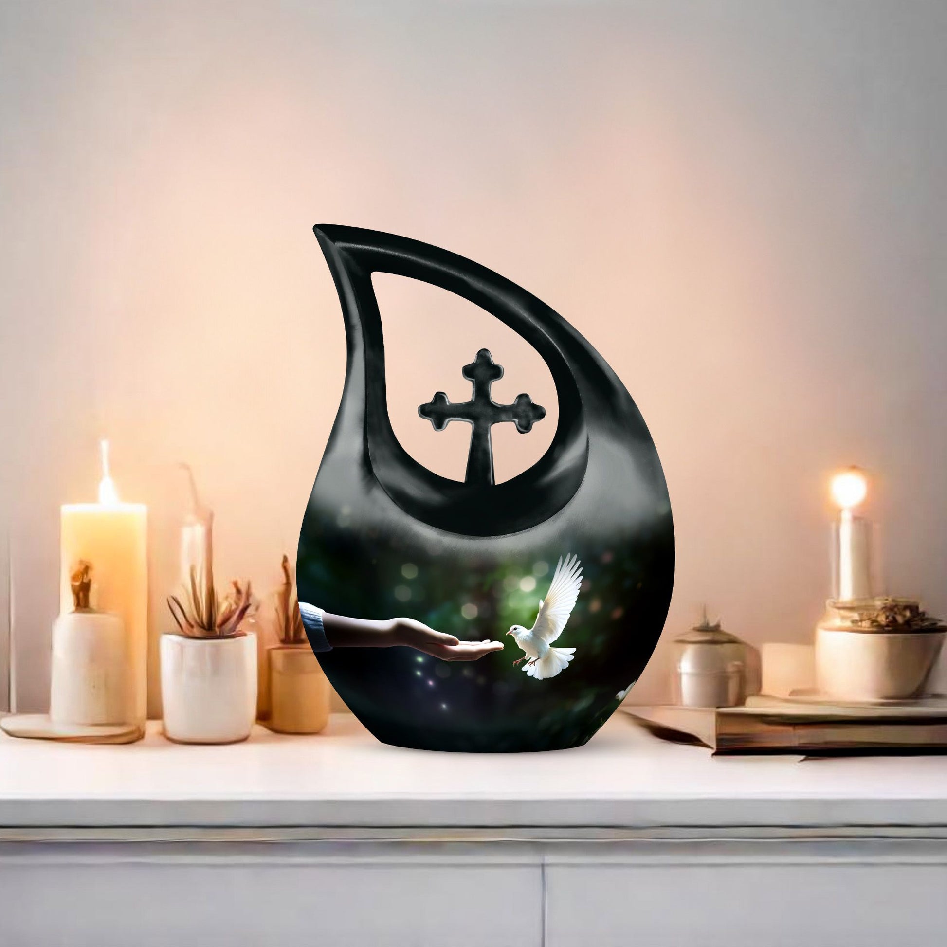 Dove bird design on 10-inch Cross Drop Dove Urn,