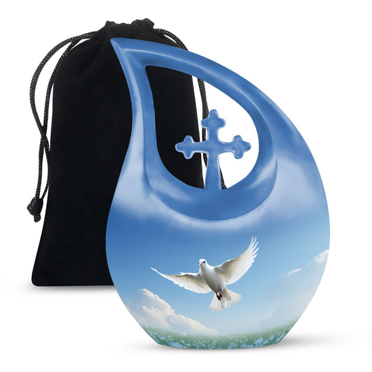 Blue Dove Bird Urn with Cross Drop design, Large 