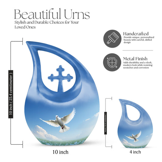 Blue Dove Bird Urn with Cross Drop design, Large 