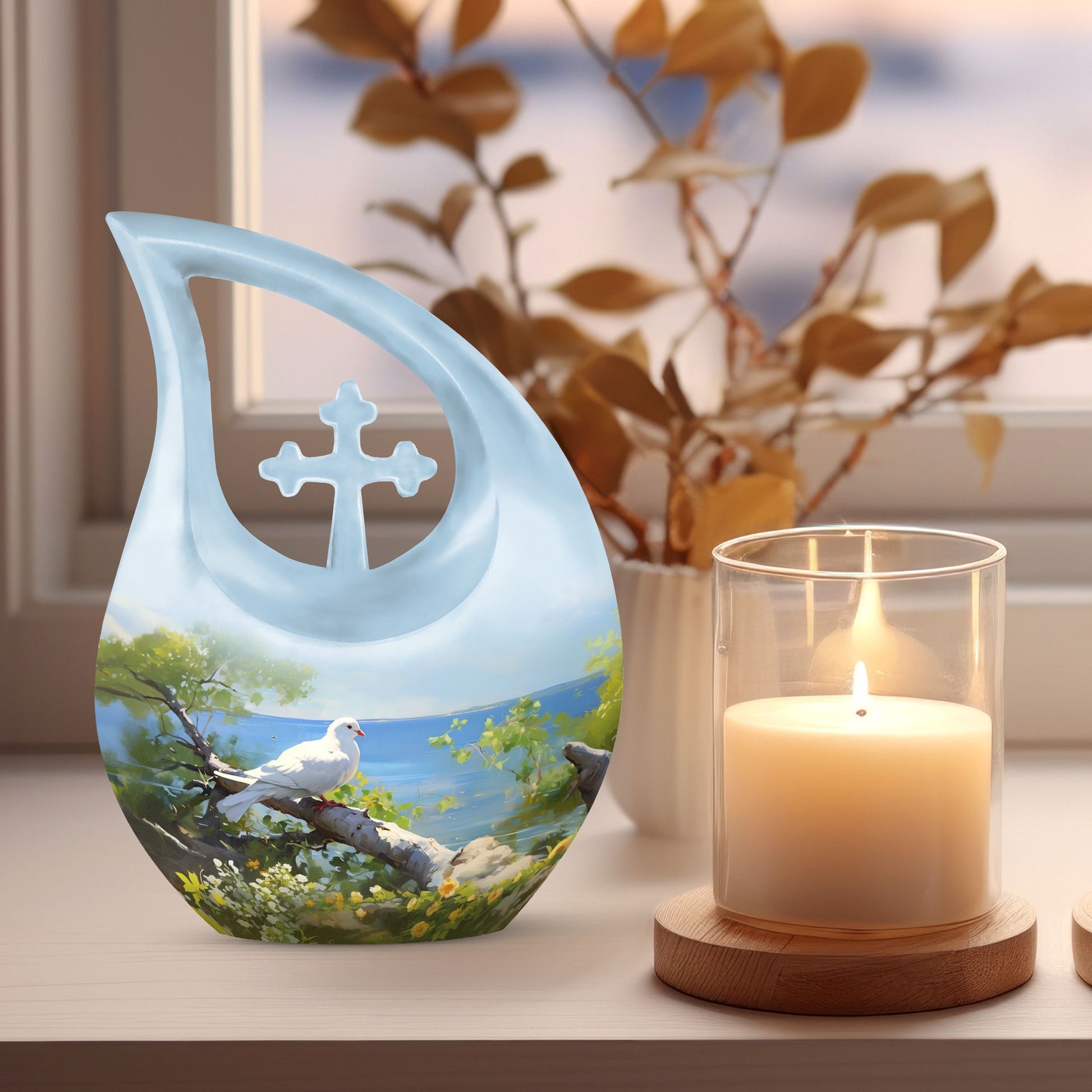 Dove Bird themed, 10-inch Cross Drop Design Cremation