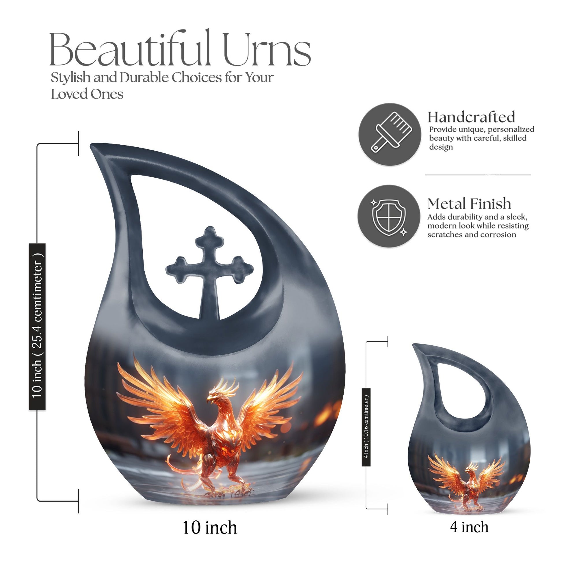 Phoenix themed Cross Drop Personalized Urn for Human Ashes,