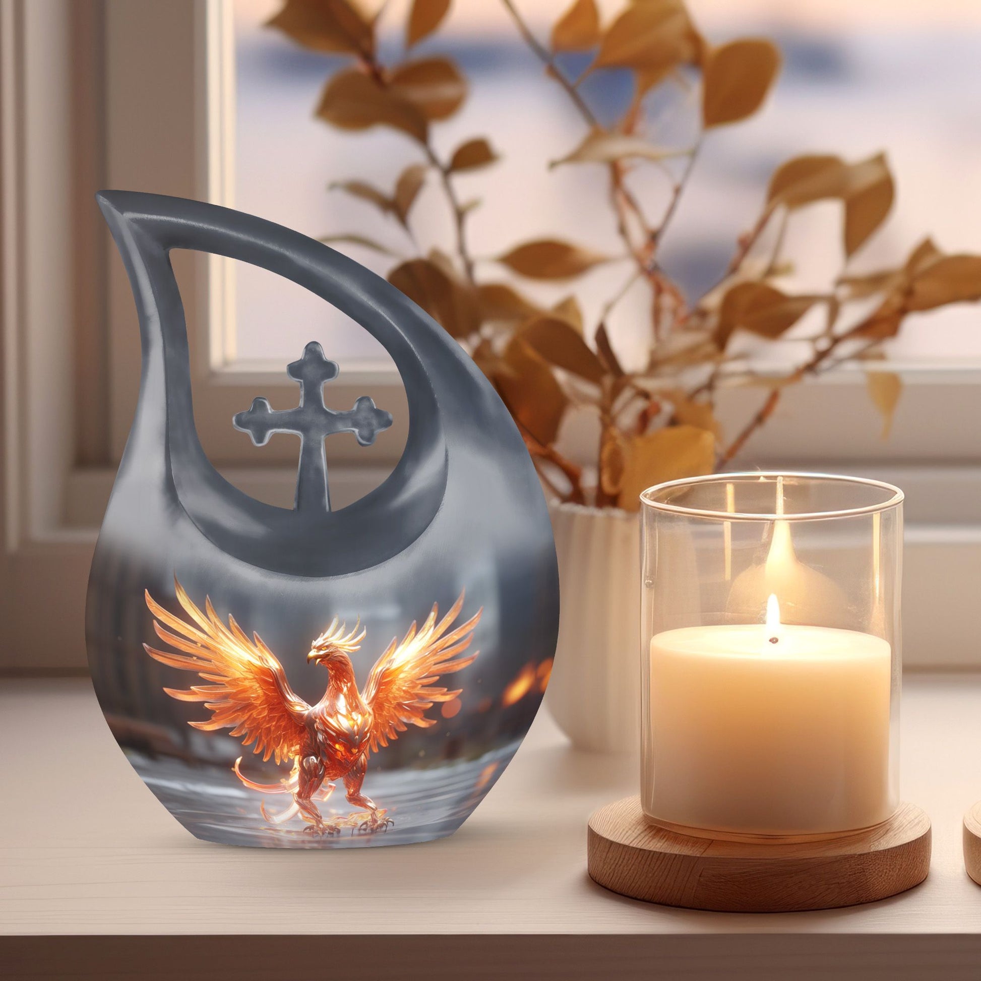 Phoenix themed Cross Drop Personalized Urn for Human Ashes,