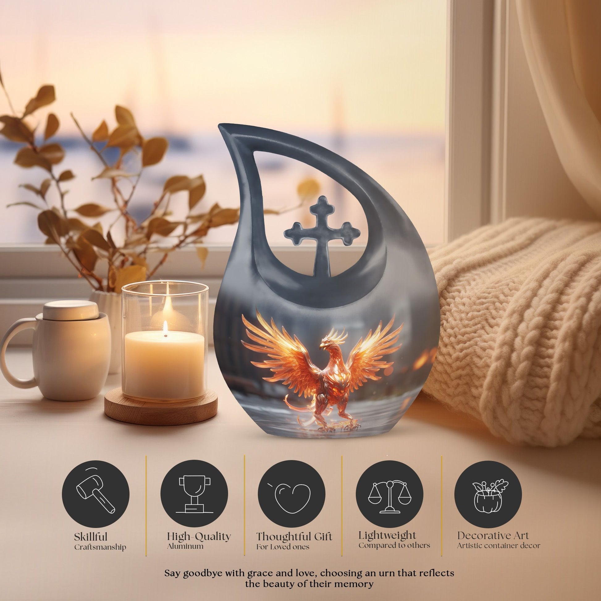 Phoenix themed Cross Drop Personalized Urn for Human Ashes,