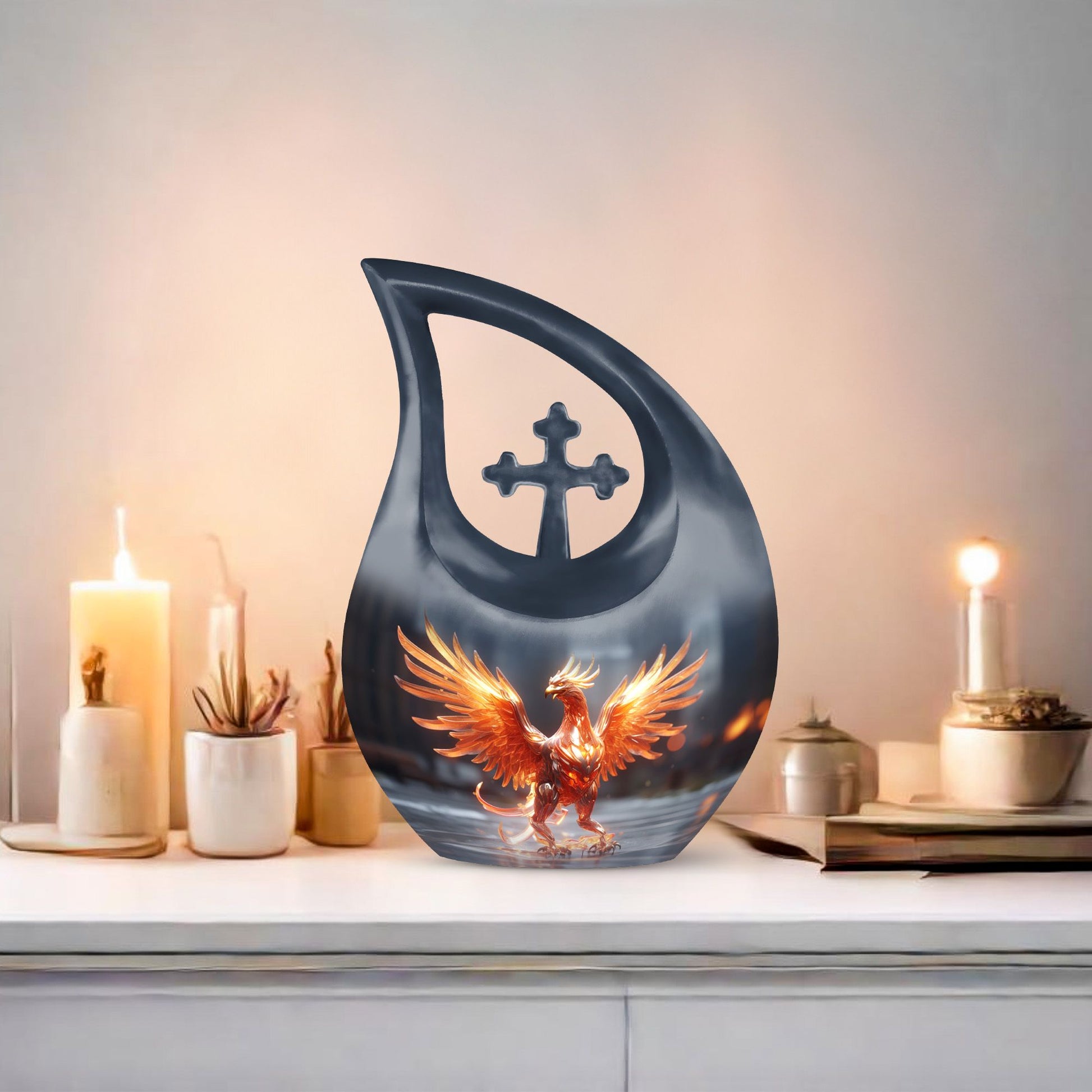 Phoenix themed Cross Drop Personalized Urn for Human Ashes,