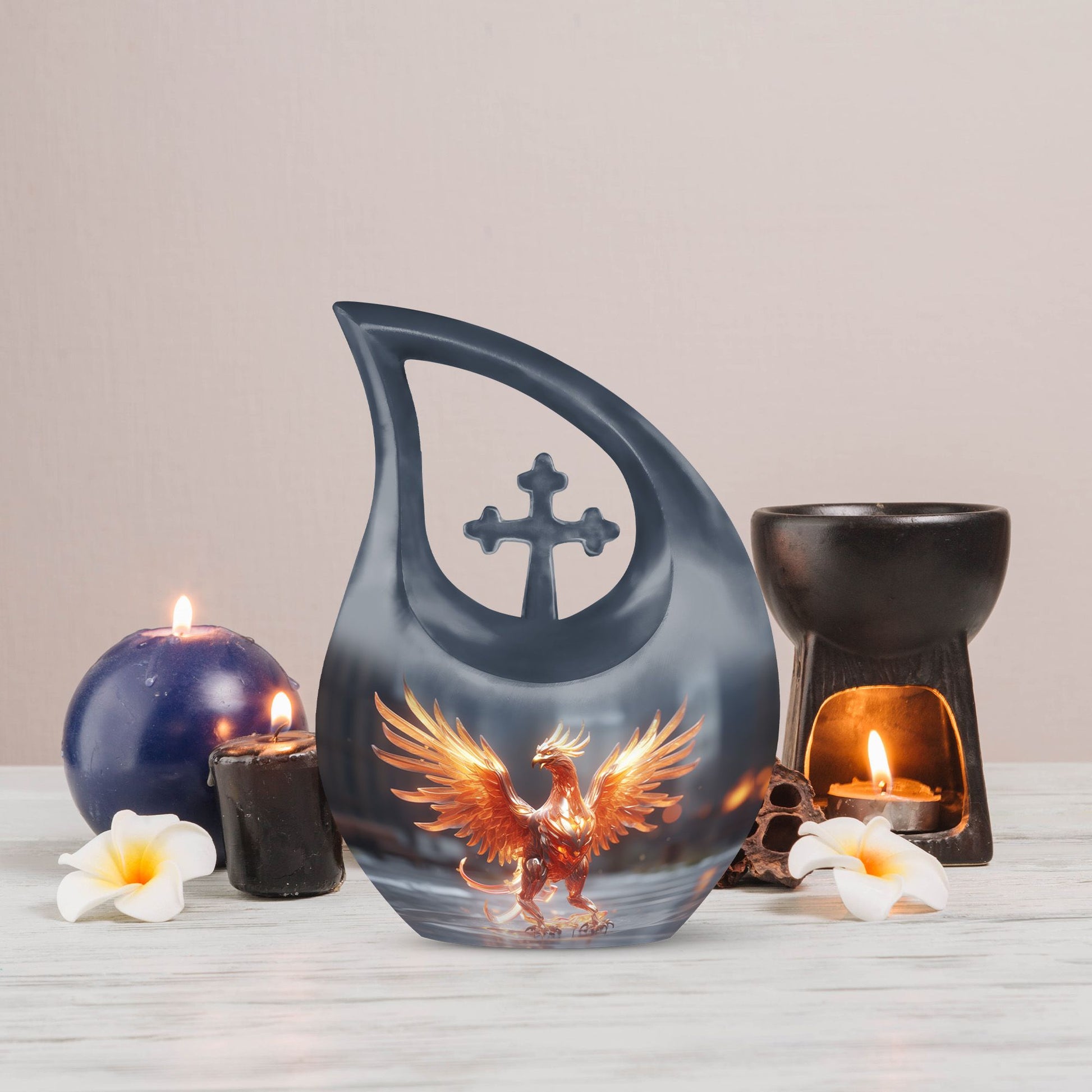 Phoenix themed Cross Drop Personalized Urn for Human Ashes,