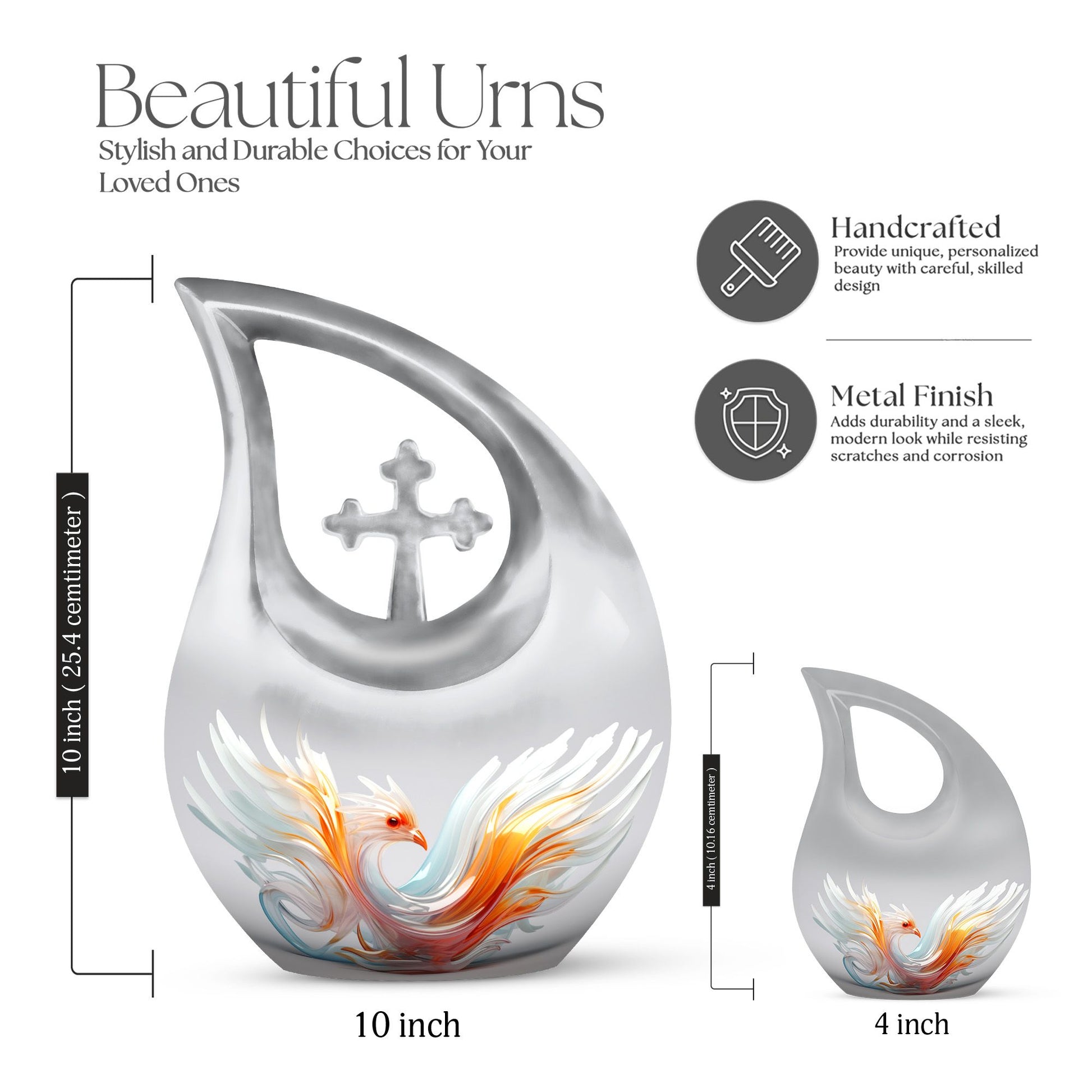 Phoenix Urn, 10 Inch Cross Drop Memorial Urn 