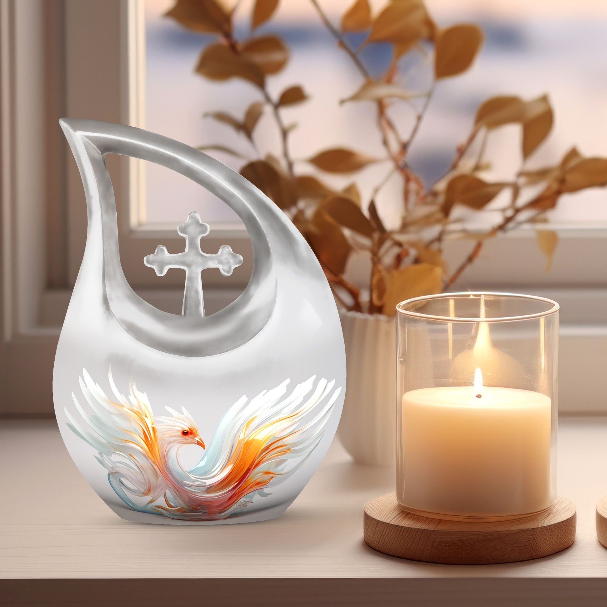 Phoenix Urn, 10 Inch Cross Drop Memorial Urn 