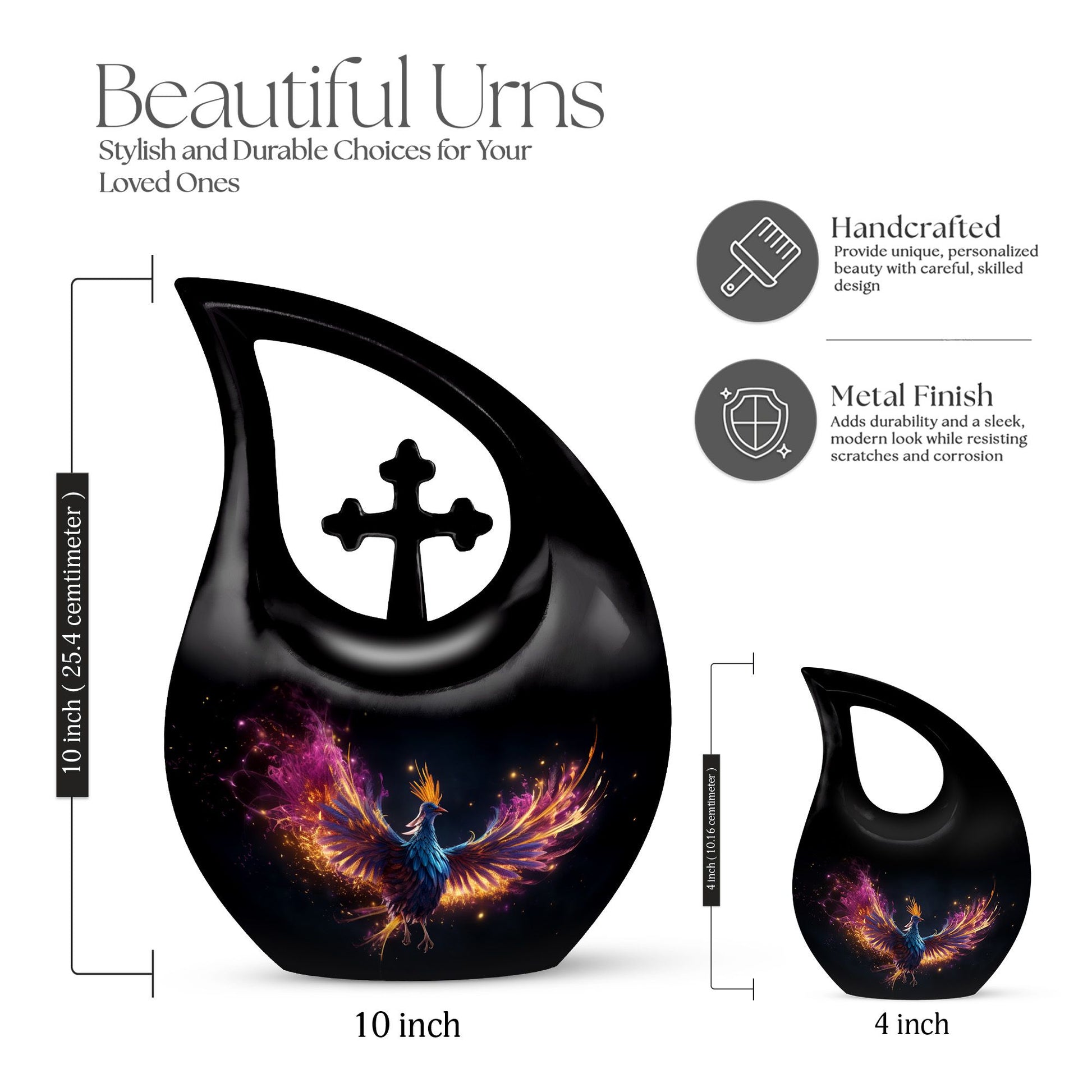 10 inch Phoenix Urn with modern Cross Drop design,