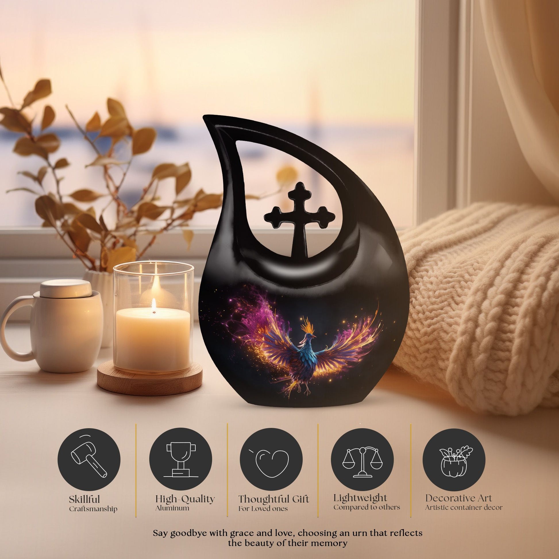 10 inch Phoenix Urn with modern Cross Drop design,