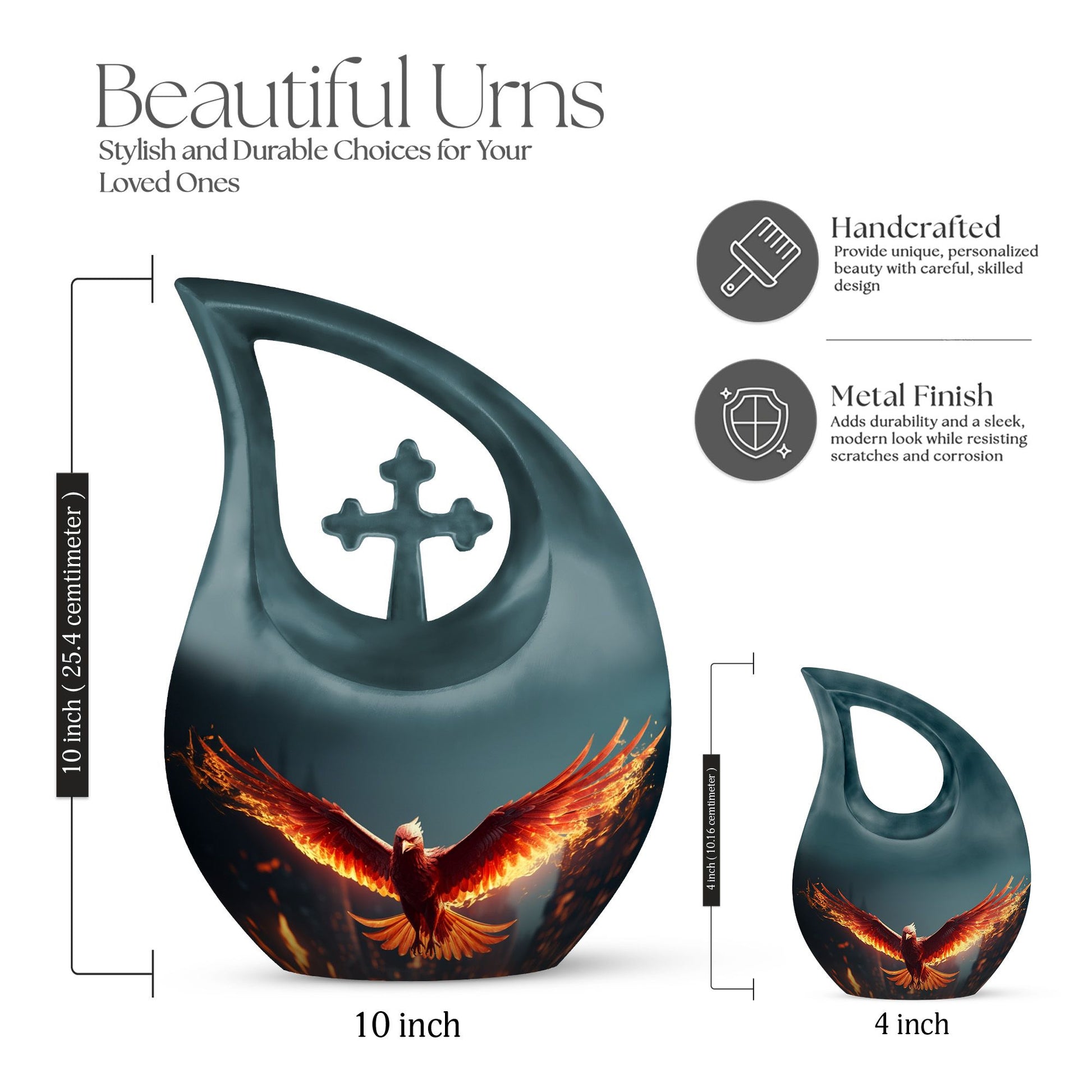 10-inch Phoenix Urn with Cross Drop design, a large ashes 