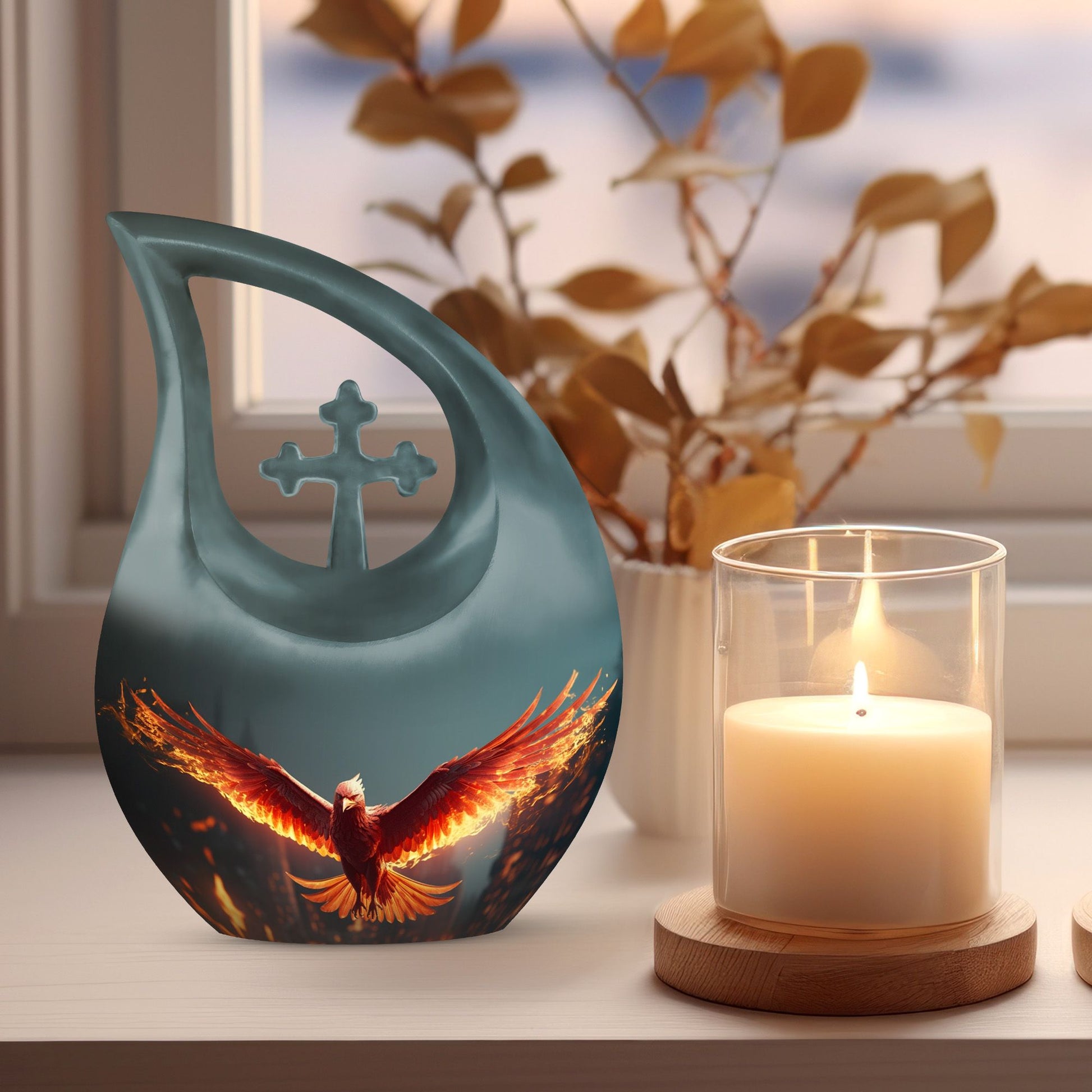 10-inch Phoenix Urn with Cross Drop design, a large ashes 