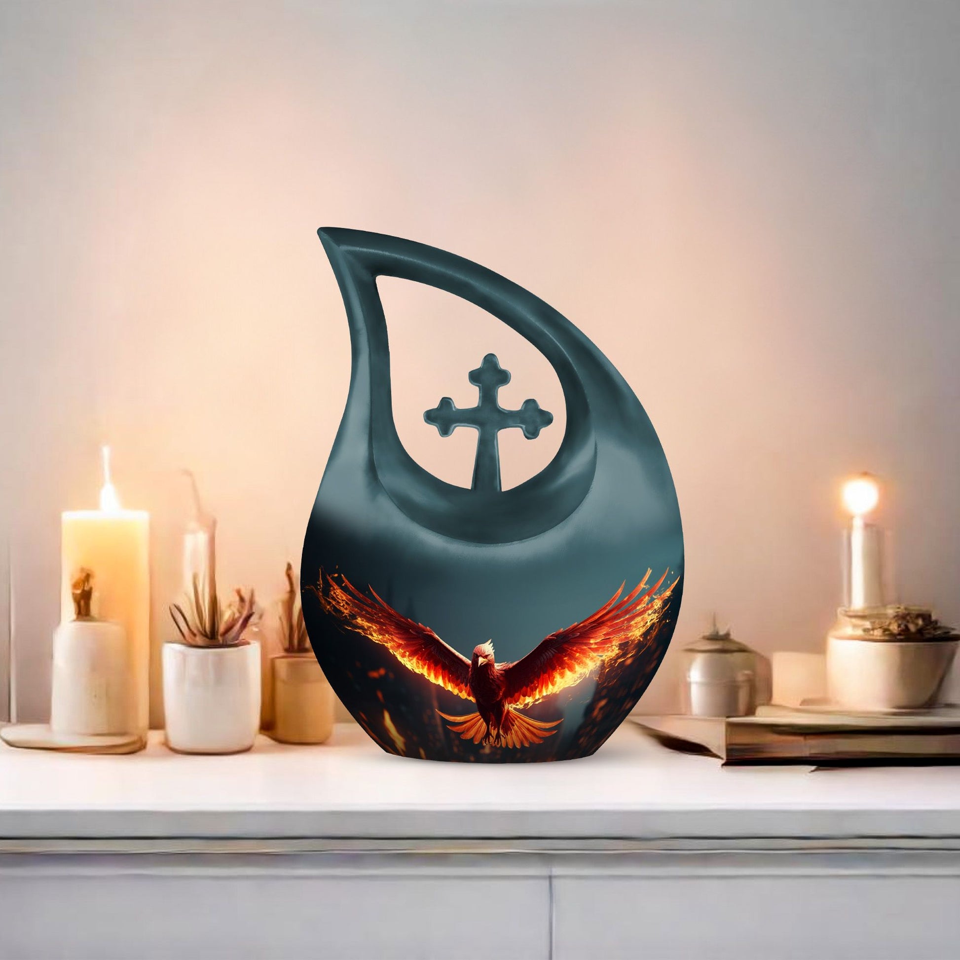 10-inch Phoenix Urn with Cross Drop design, a large ashes 