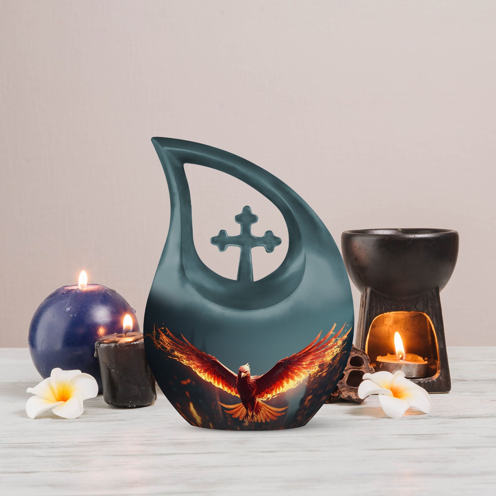 10-inch Phoenix Urn with Cross Drop design, a large ashes 