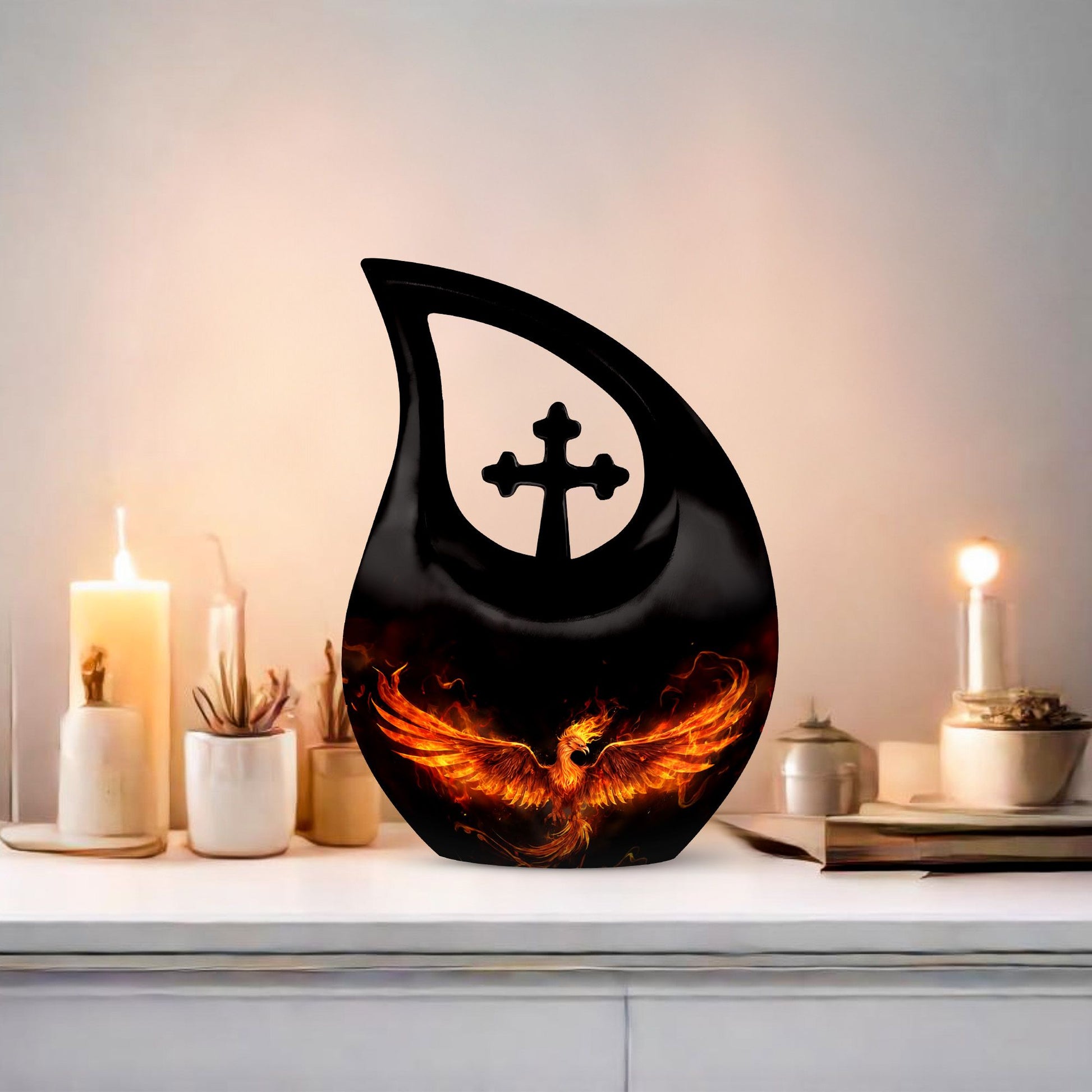 Phoenix themed 10-inch Aluminum Cross Drop Urn