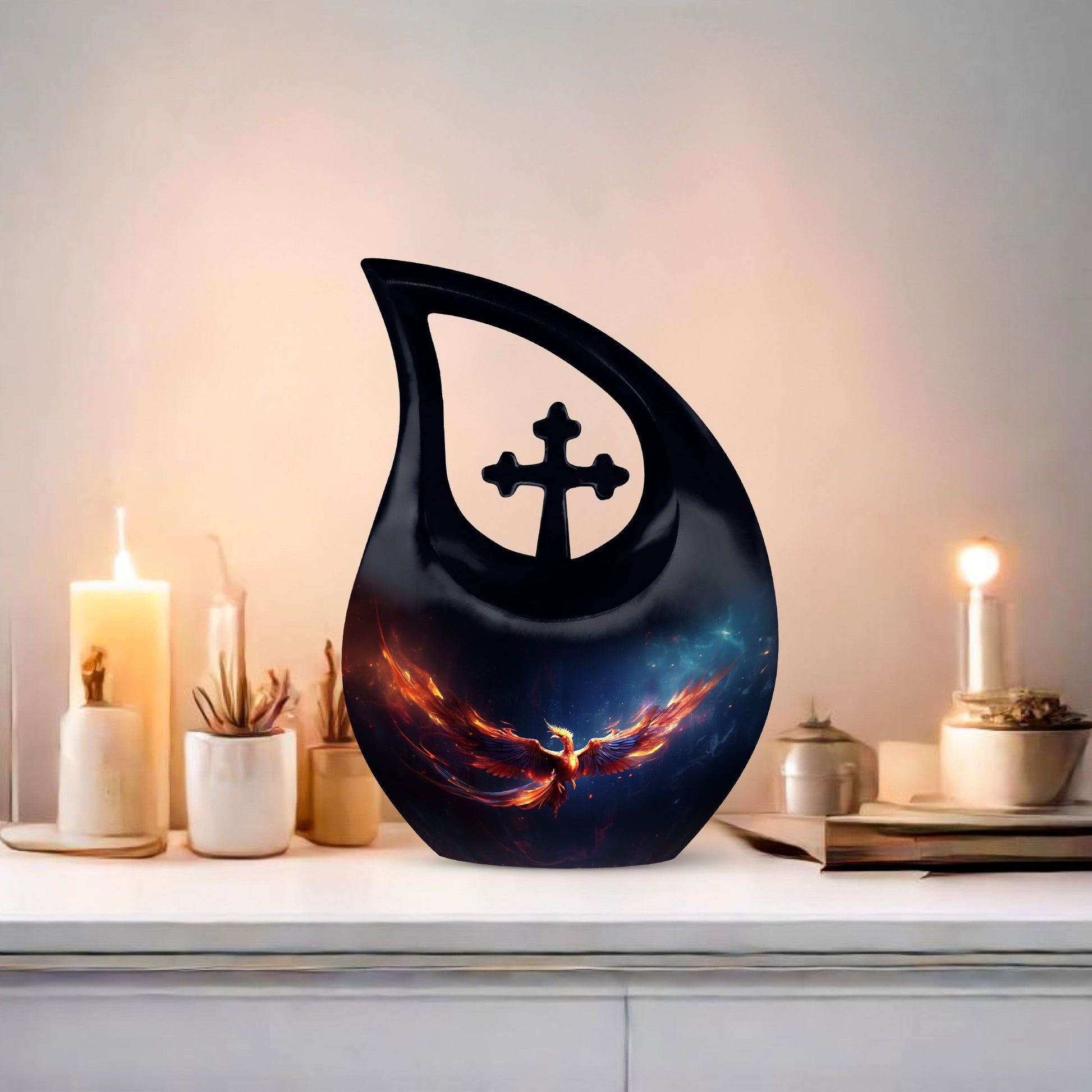 Large Phoenix urn in aluminium, Cross Drop design