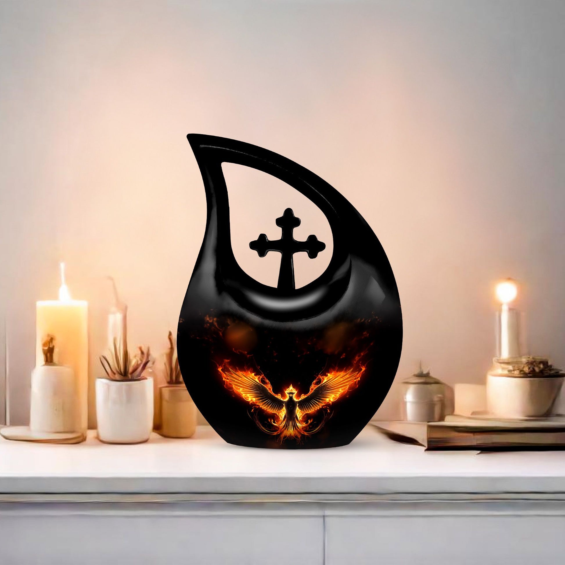 10 inch Phoenix Urn with Cross Drop design for man's ashes,