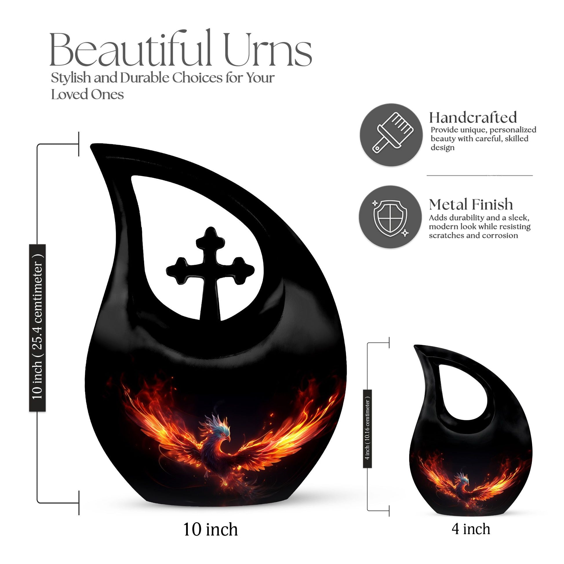 10-inch Phoenix Urn, Cross Drop design, personalised 